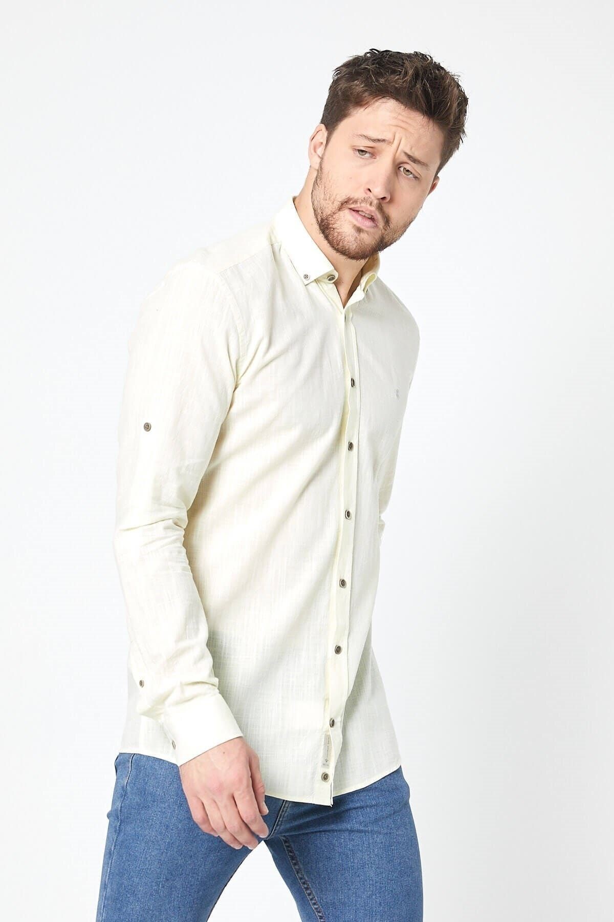 Keten Sarı Slim Fit Uzun Kol Gömlek