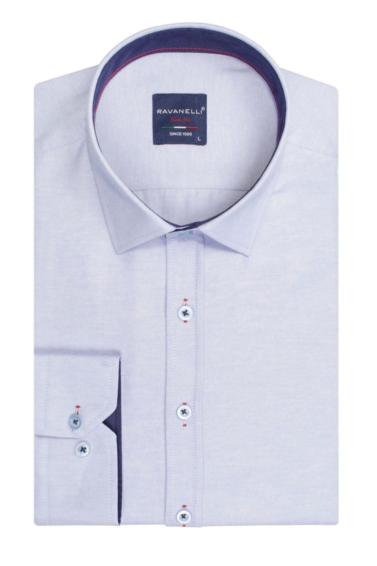 Erkek Mavi Slim Fit Şambre Uzun Kol Gömlek