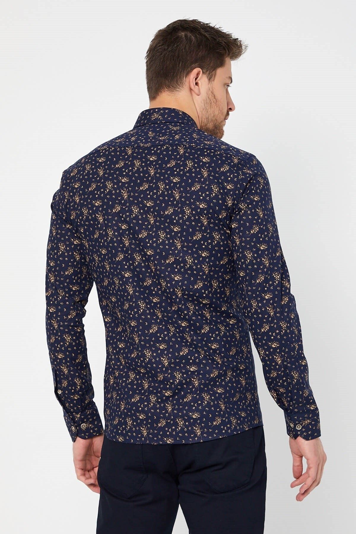 Baskılı Lacivert Slim Fit Uzun Kol Gömlek