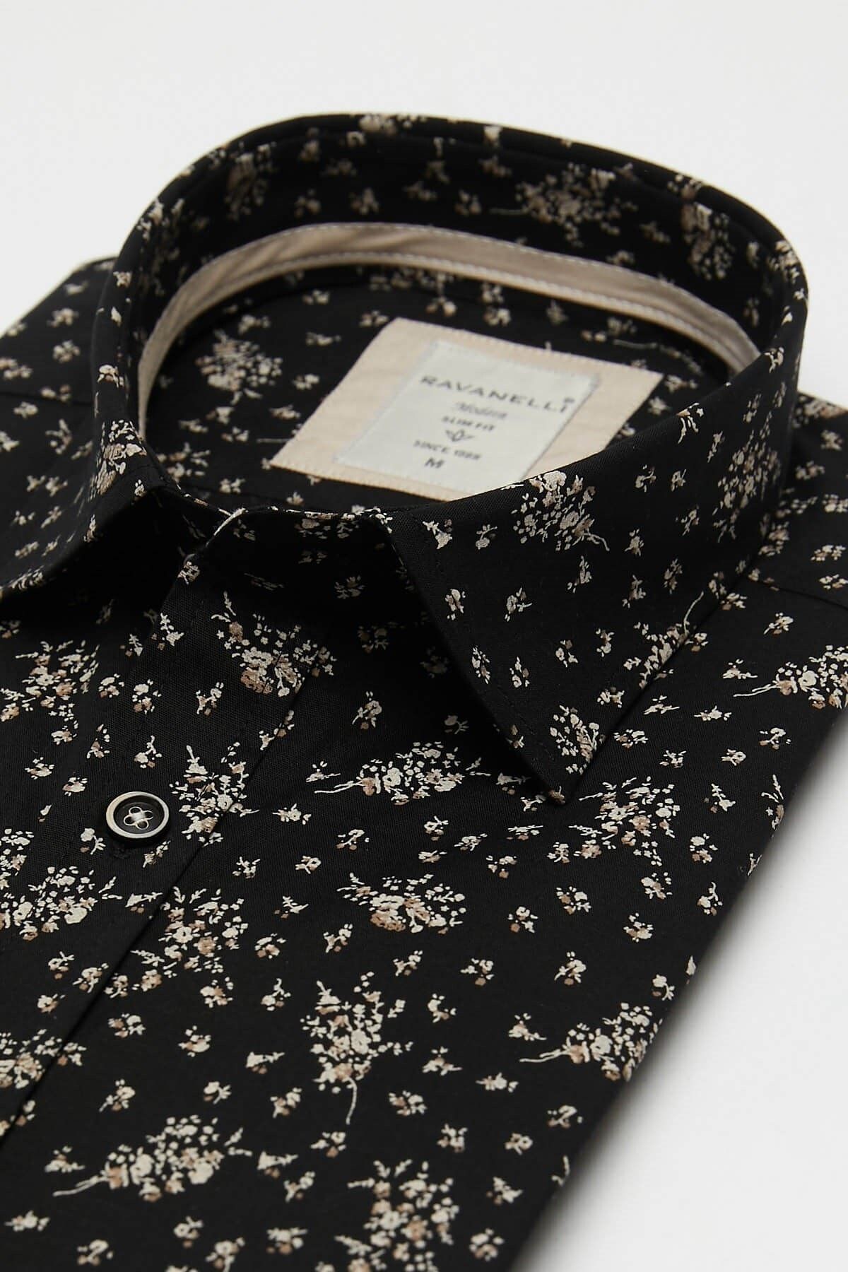 Baskılı Siyah Slim Fit Uzun Kol Gömlek