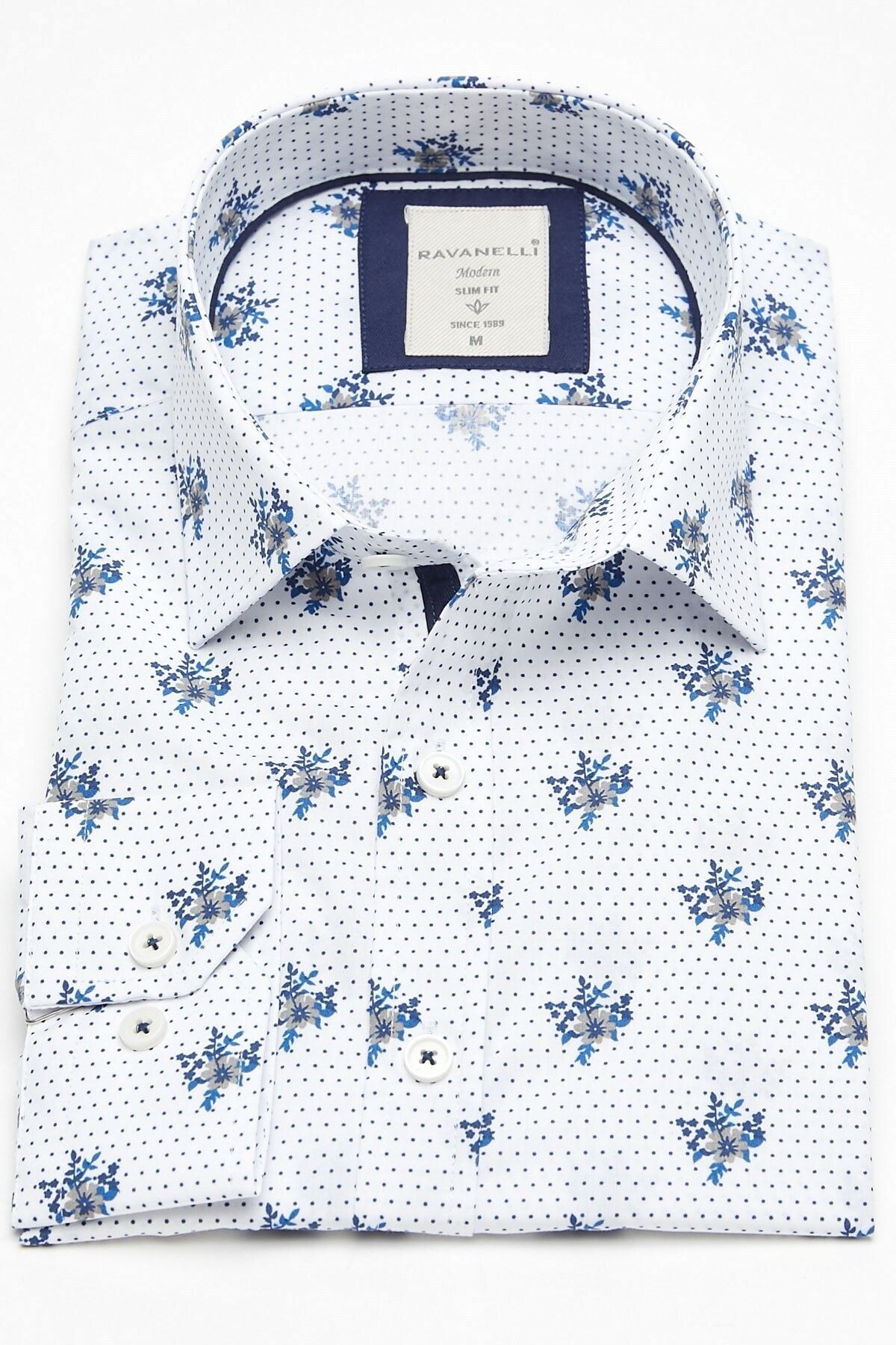 Lacivert Çiçek Baskılı Slim Fit Uzun Kol Gömlek