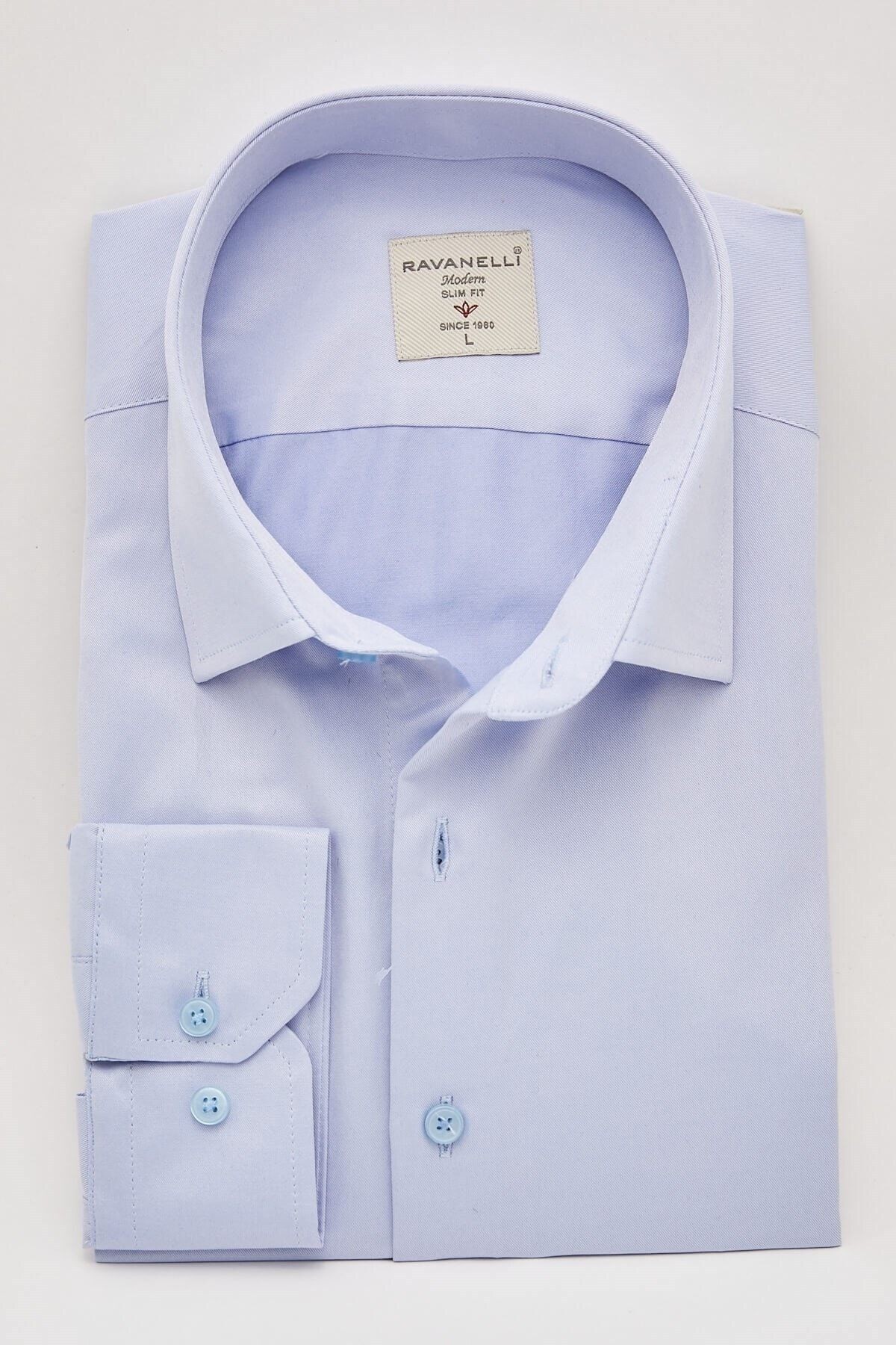Mavi Saten Slim Fit Uzun Kol Gömlek