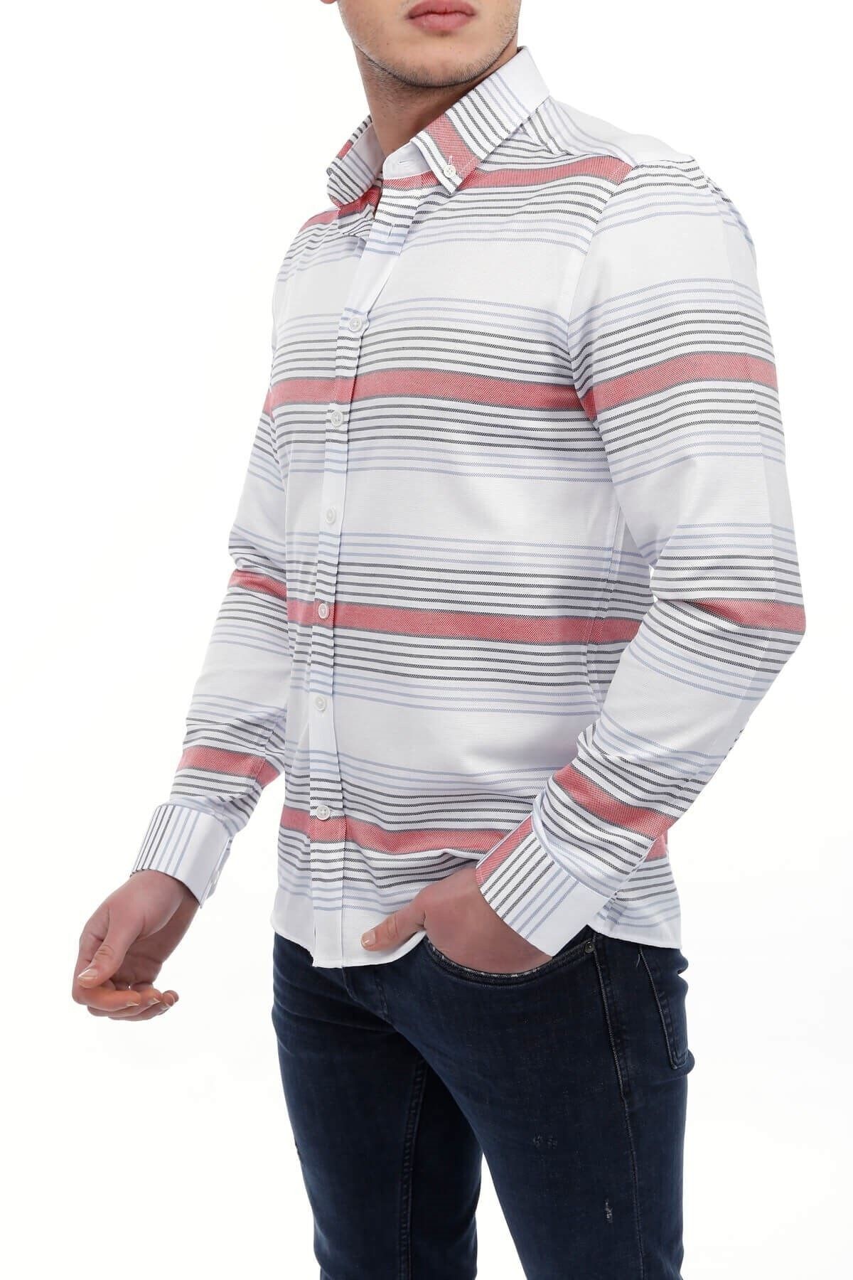 Kırmızı Panolu Beyaz Slim Fit Gömlek