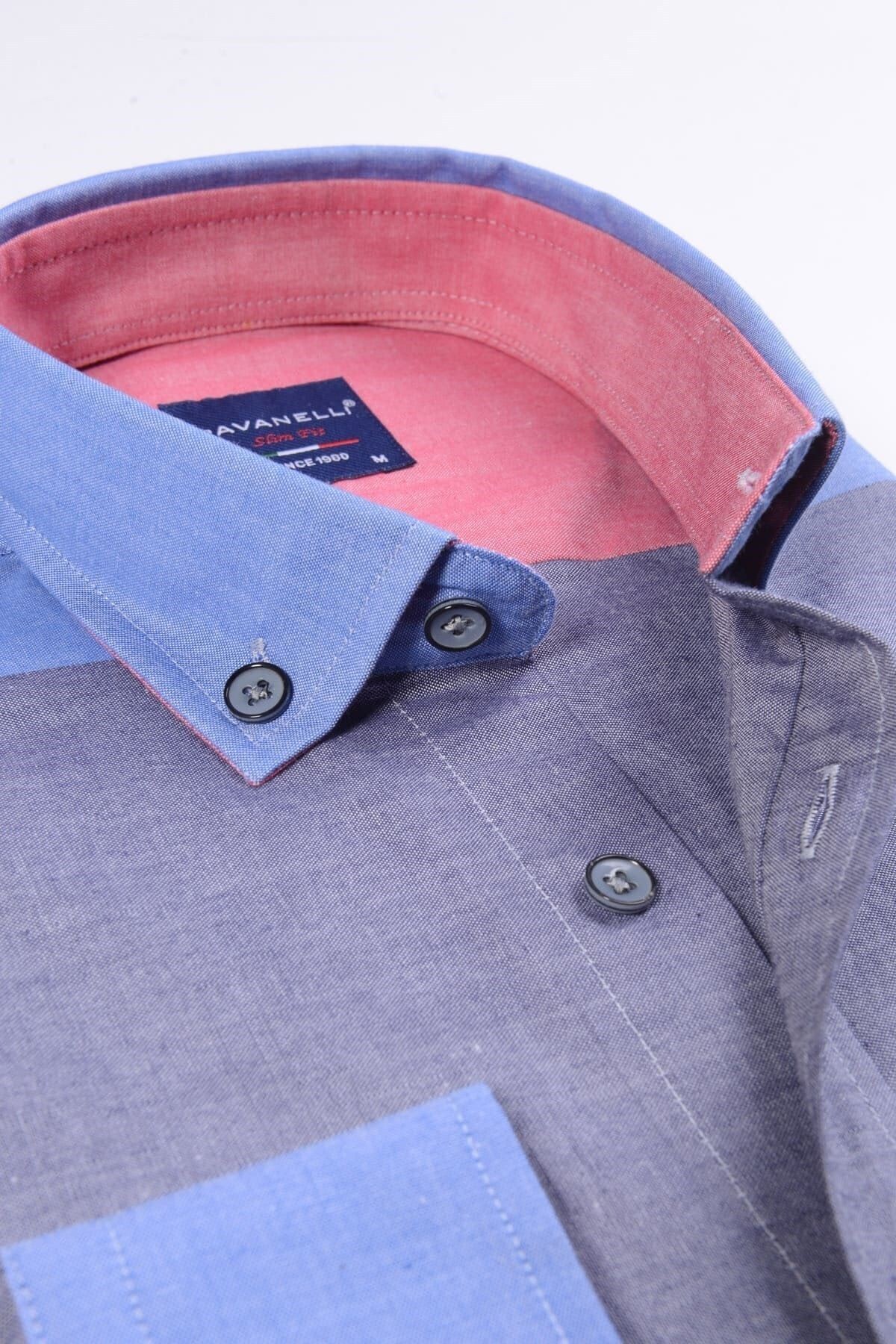 Erkek Mavi Slim Fit Panolu Gömlek