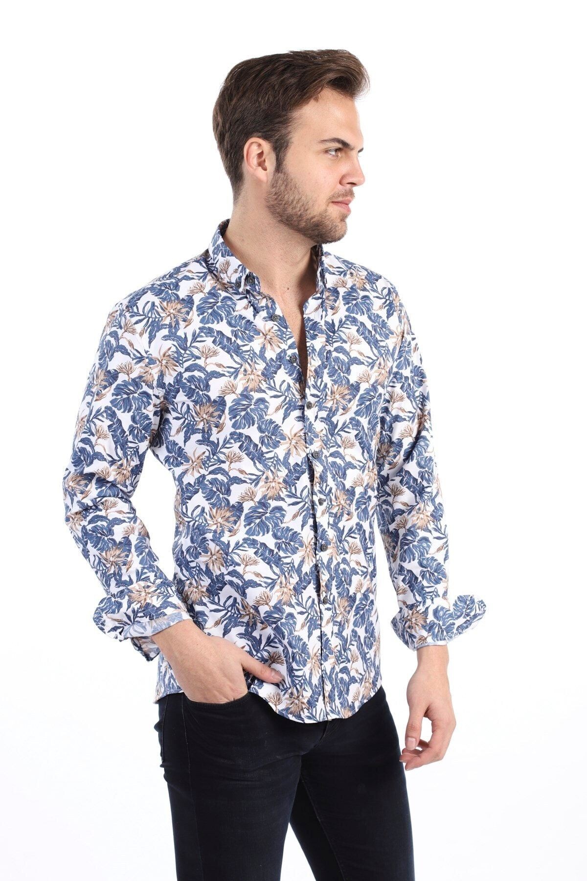 Baskılı Beyaz Slim Fit Likralı Gömlek