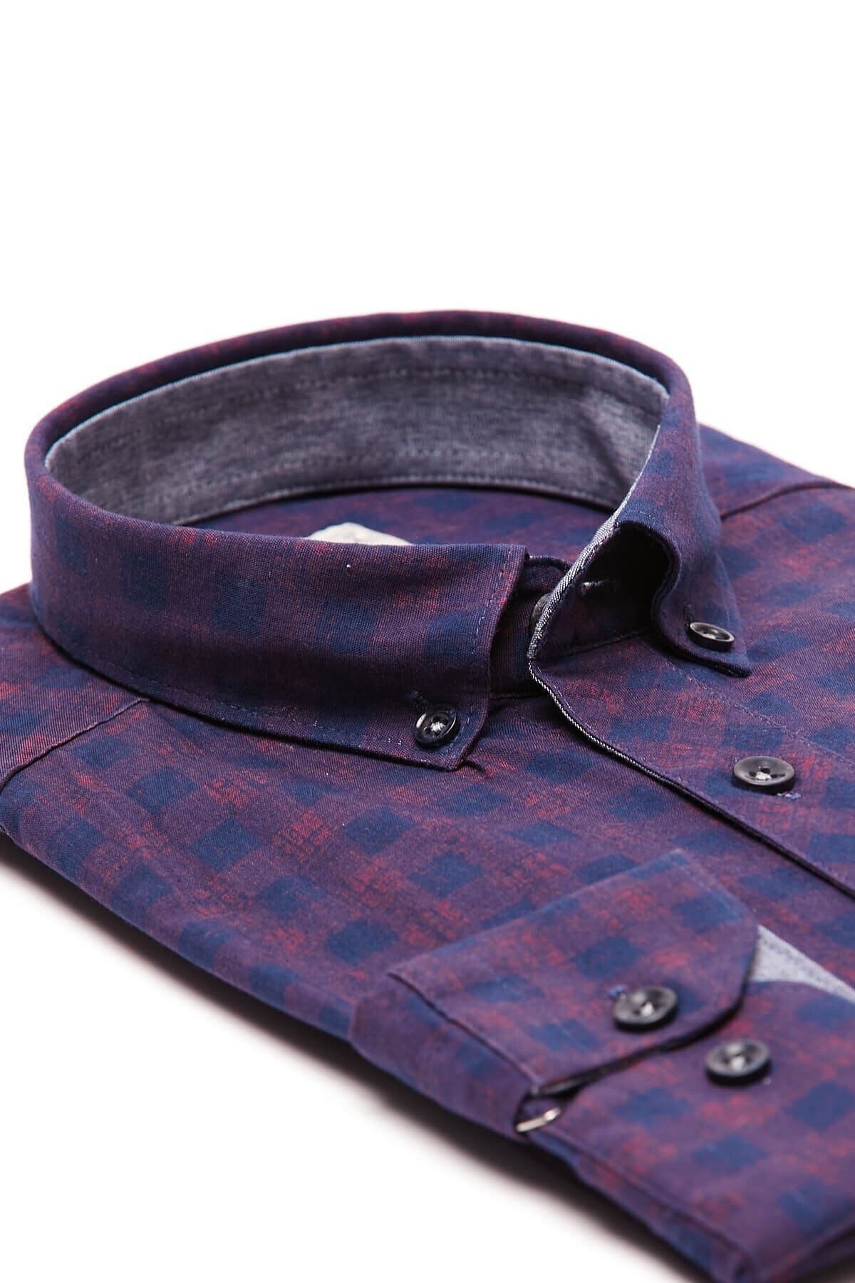Baskılı Bordo Slim Fit Uzun Kol Gömlek