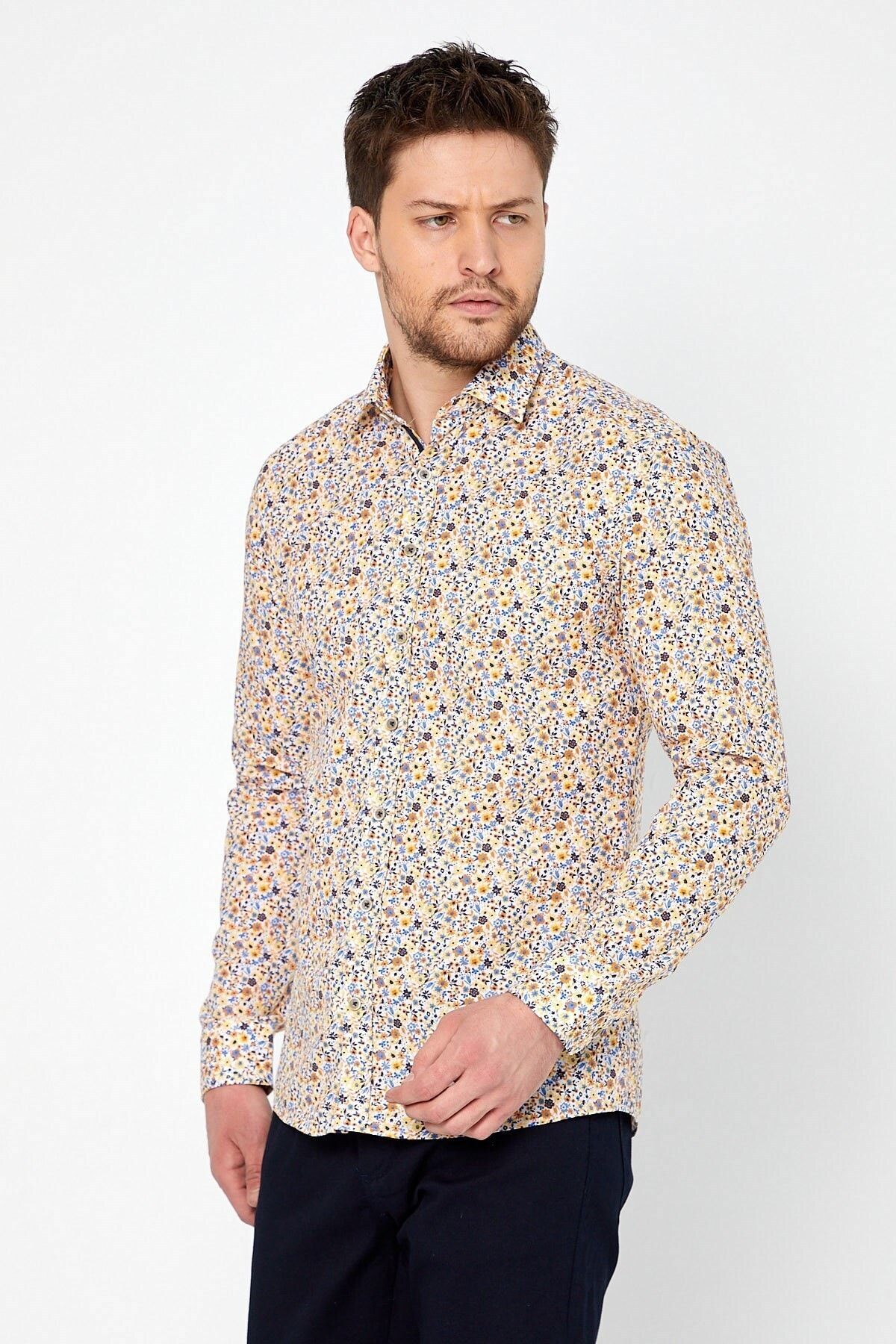 Sarı Çiçek Baskılı Slim Fit Uzun Kol Gömlek