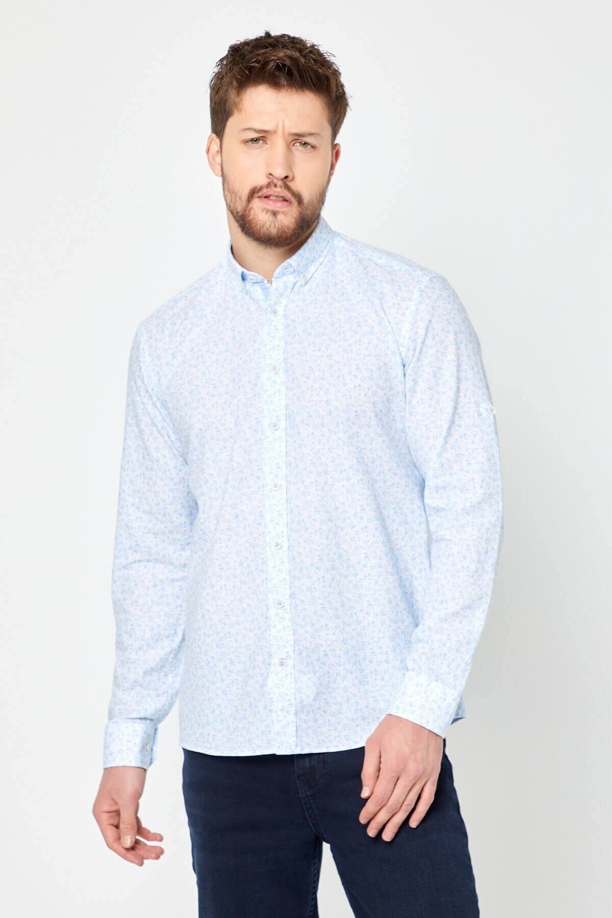 %100 Pamuk Keten Mavi Baskılı Slim Fit Uzun Kol Keten Gömlek