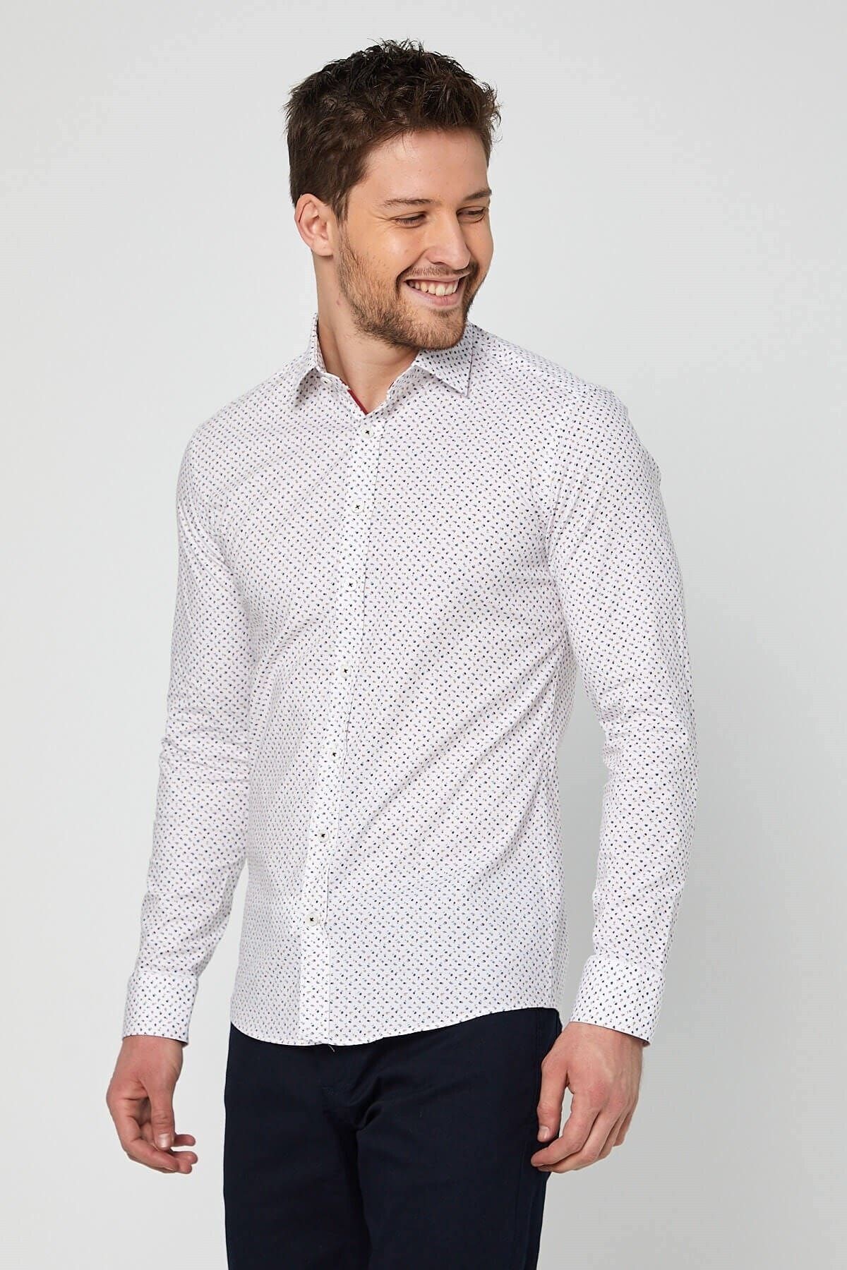 Bordo Baskılı Beyaz Slim Fit Uzun Kol Gömlek