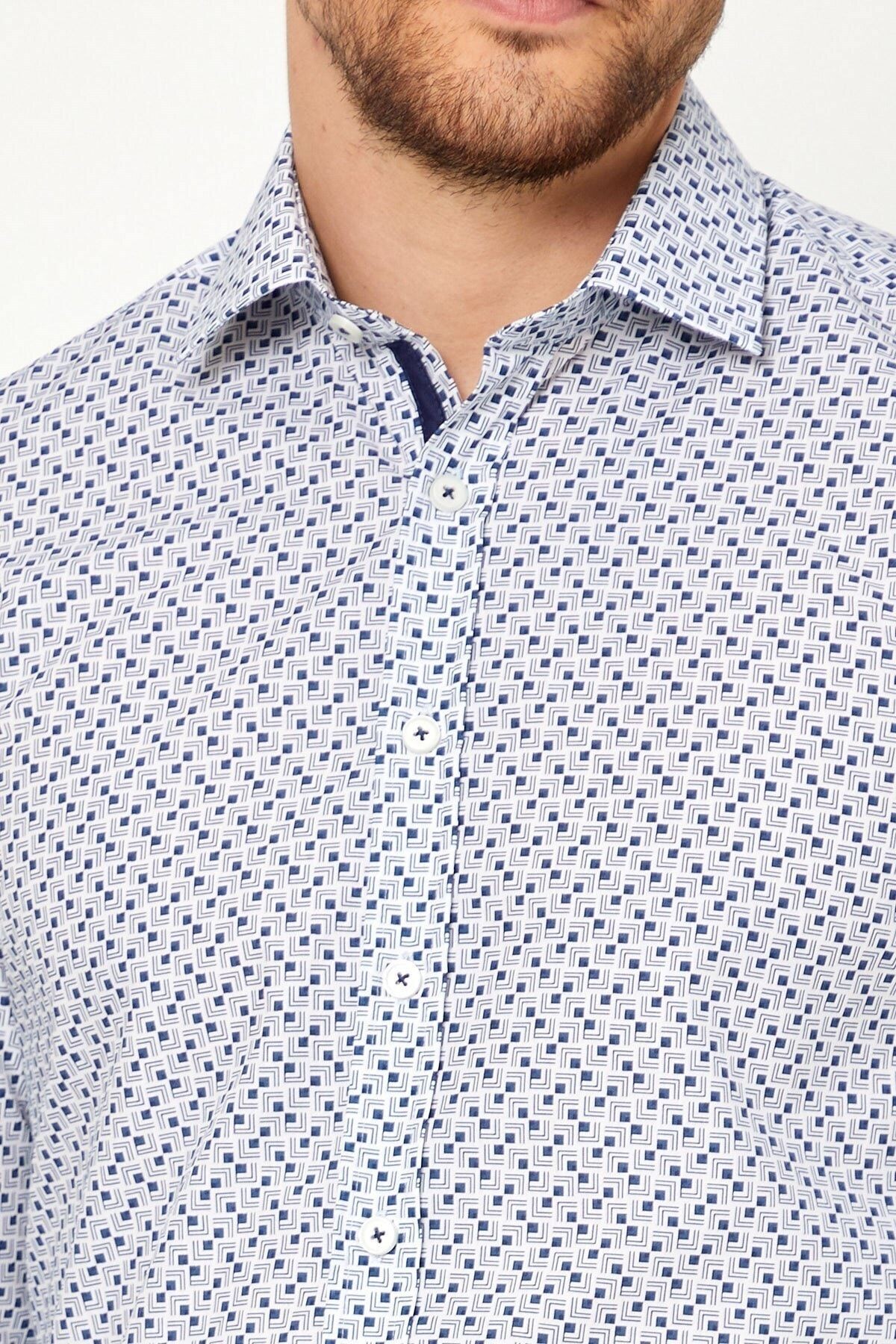 Lacivert Baskılı Beyaz Slim Fit Uzun Kol Gömlek