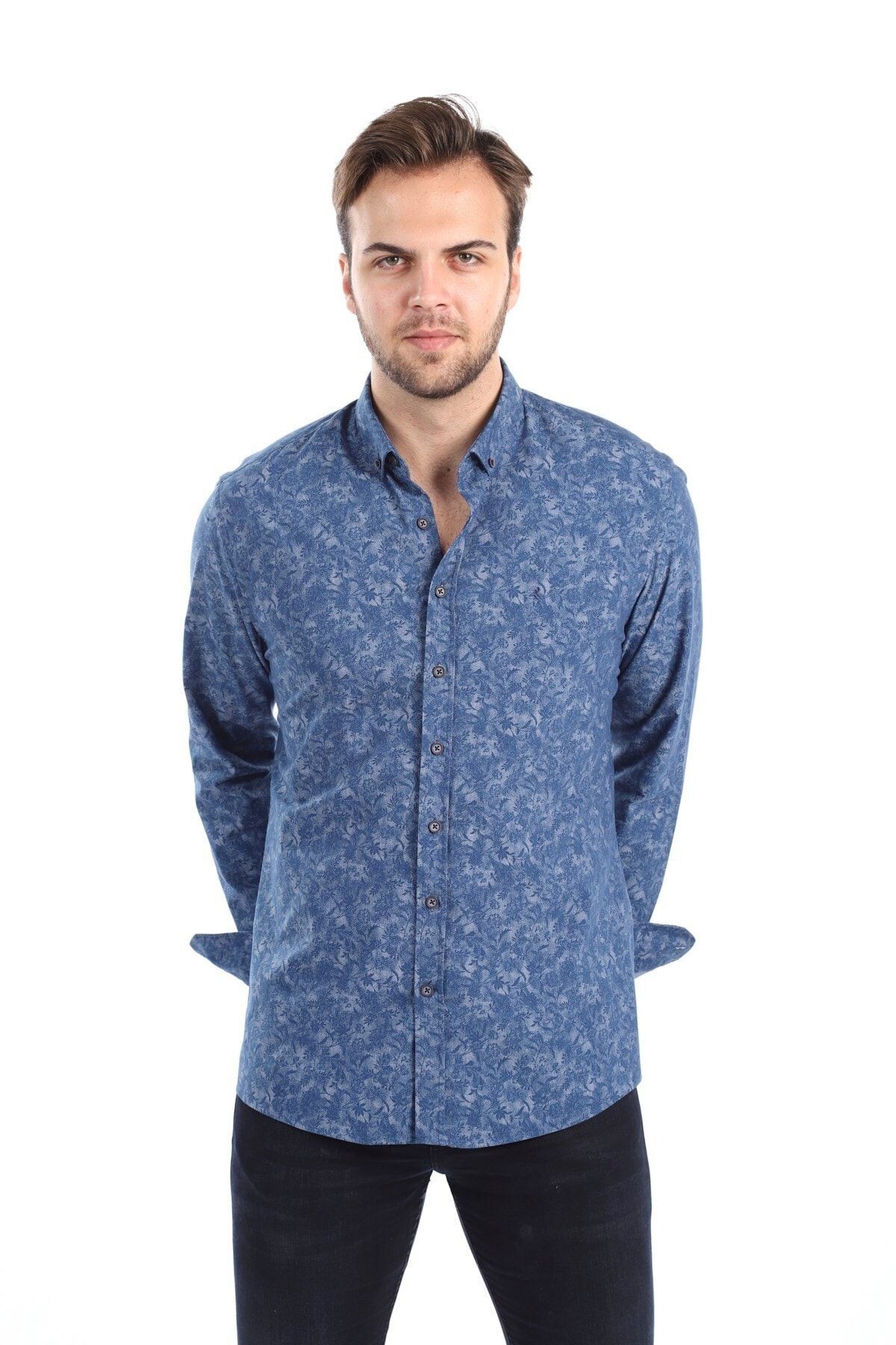 Baskılı Lacivert Slim Fit Gömlek