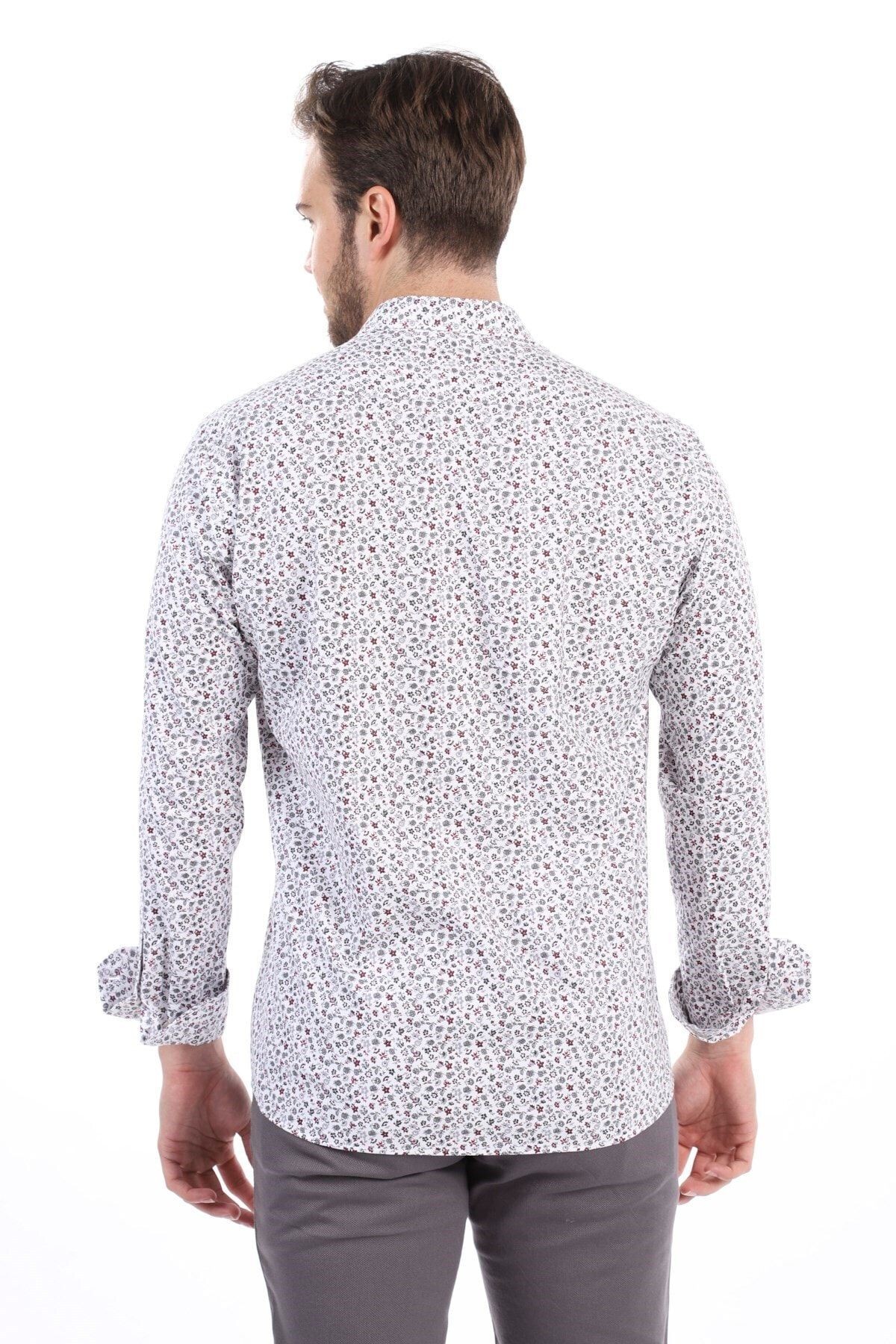 Baskılı Beyaz Slim Fit Likralı Gömlek