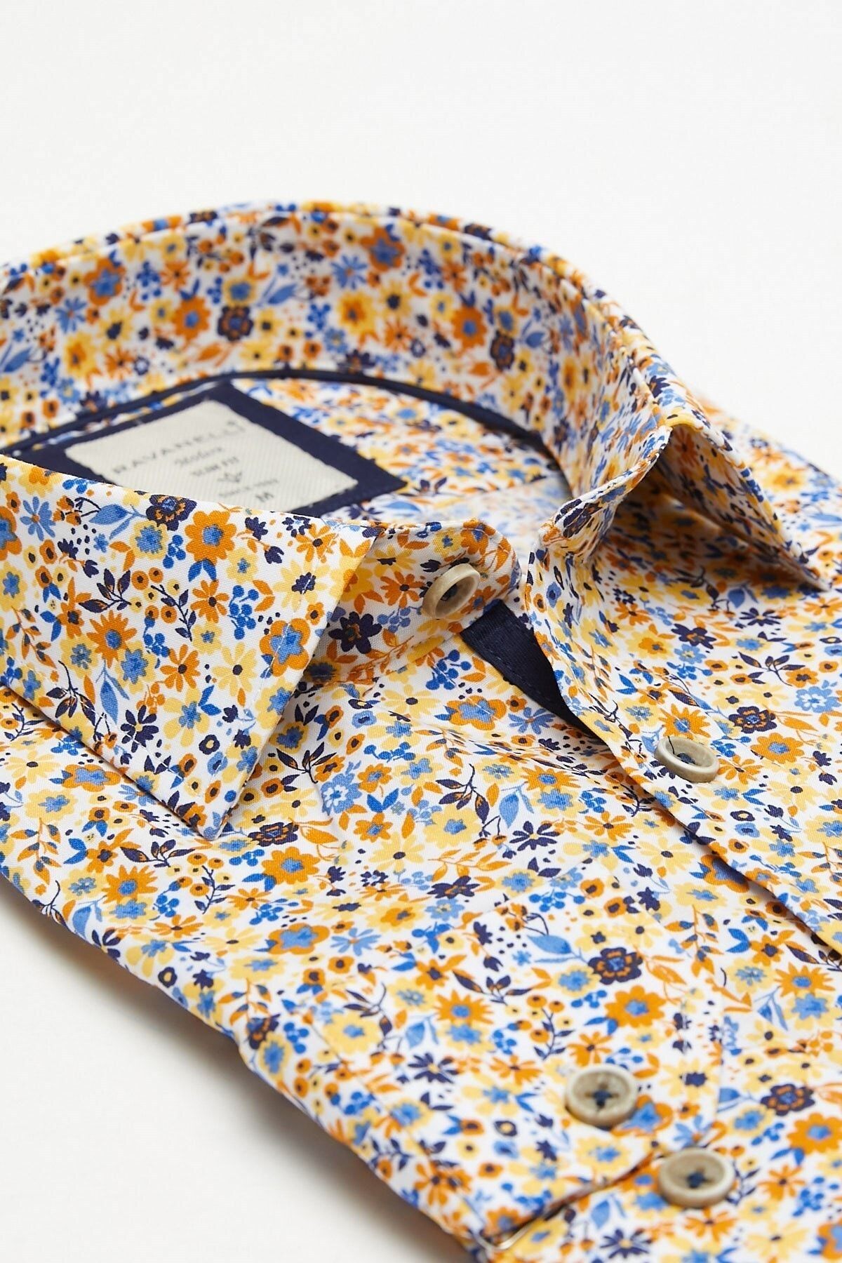 Sarı Çiçek Baskılı Slim Fit Uzun Kol Gömlek