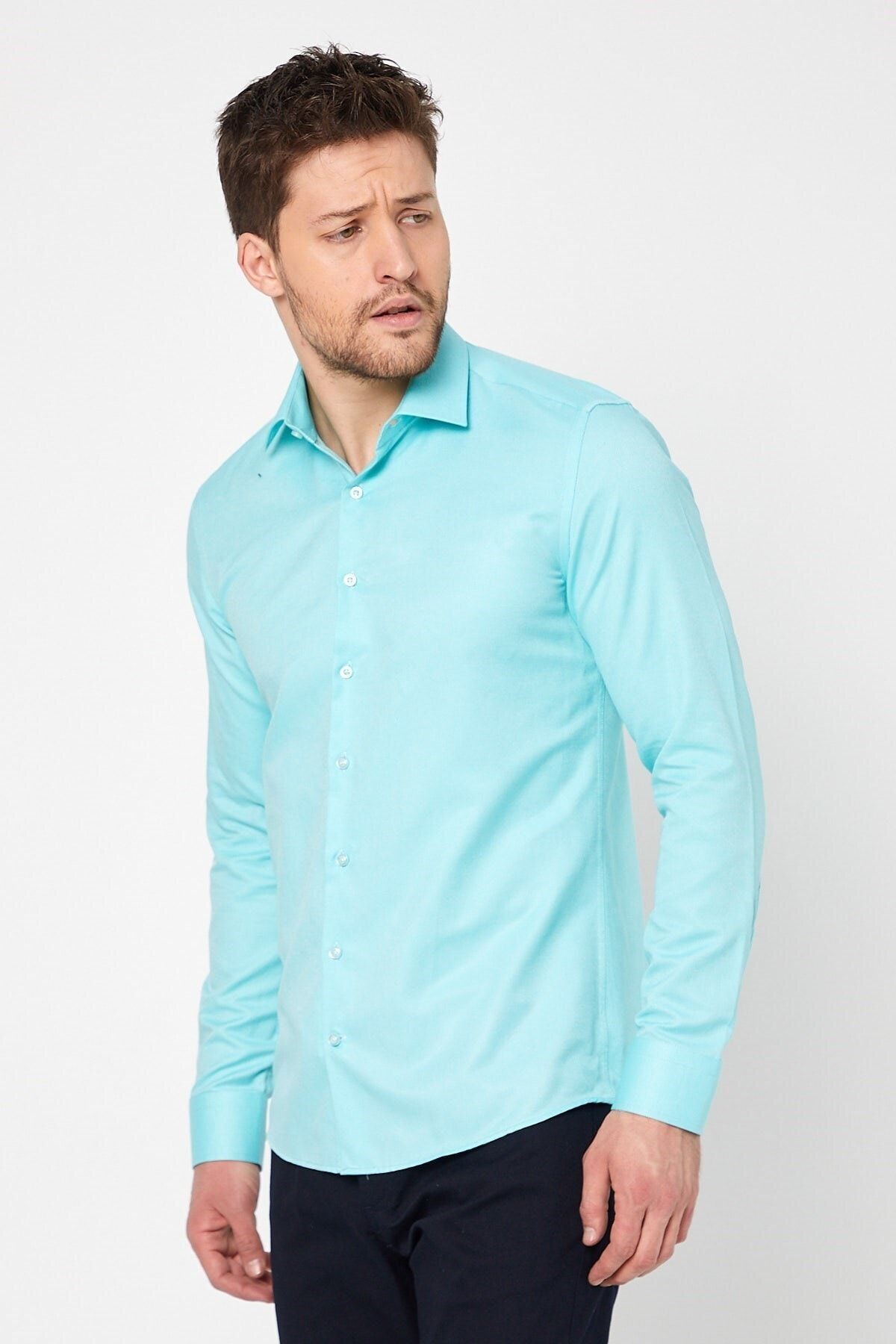 Turkuaz Slim Fit Uzun Kol Gömlek