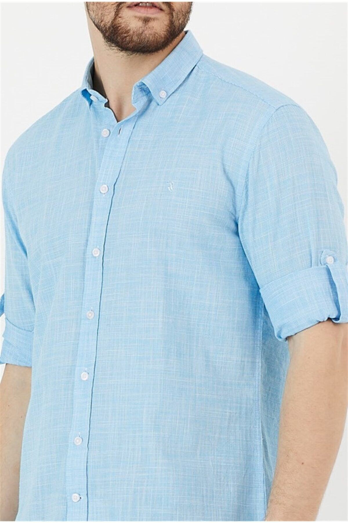 Turkuaz %100 Pamuk Slim Fit Uzun Kol Keten Gömlek