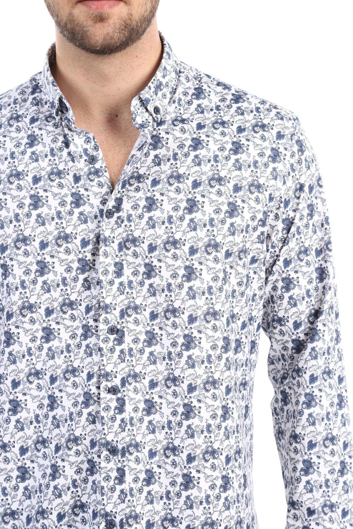 Baskılı Beyaz Slim Fit Likralı Gömlek