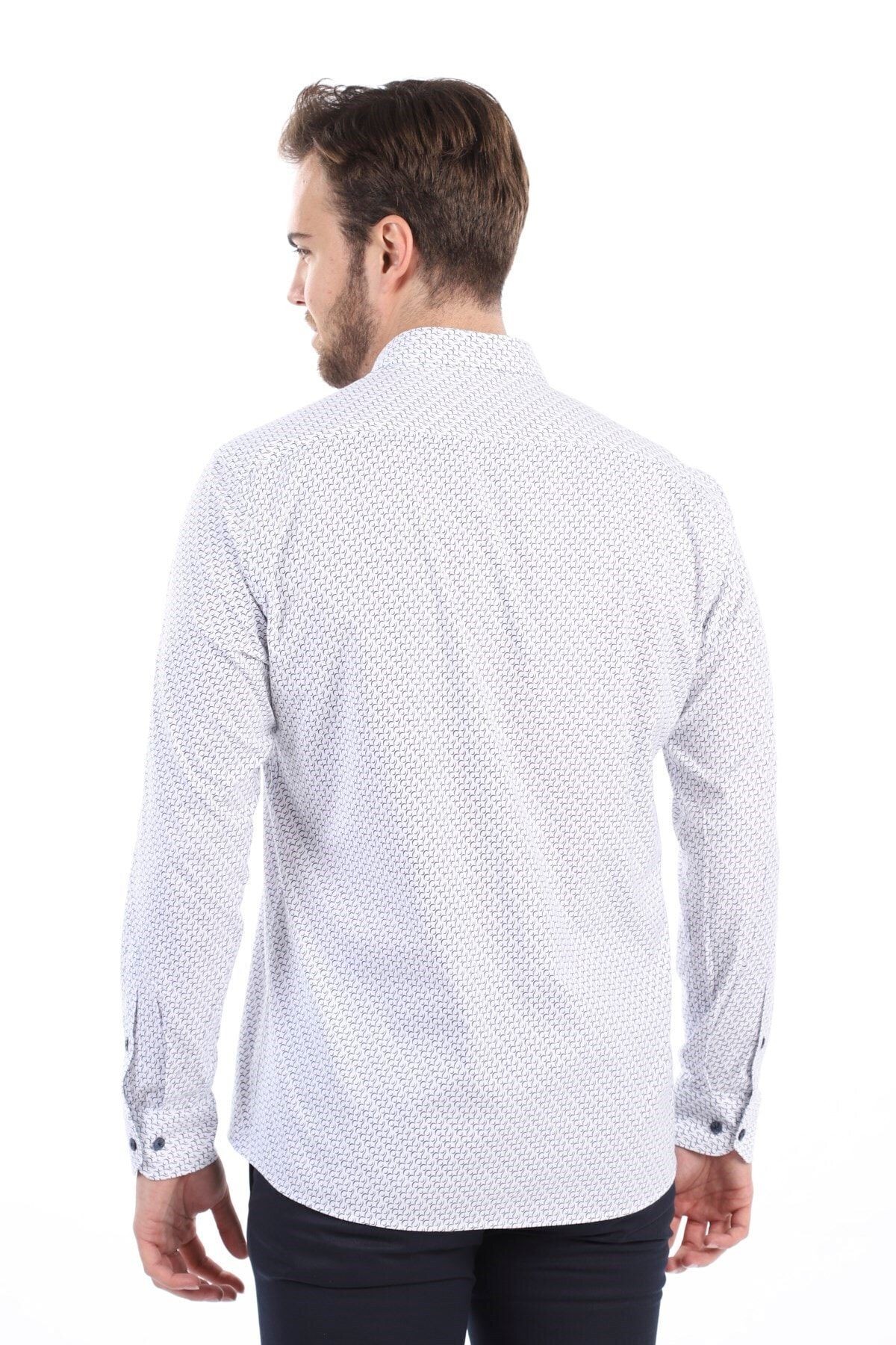 Baskılı Beyaz Slim Fit Likralı Gömlek