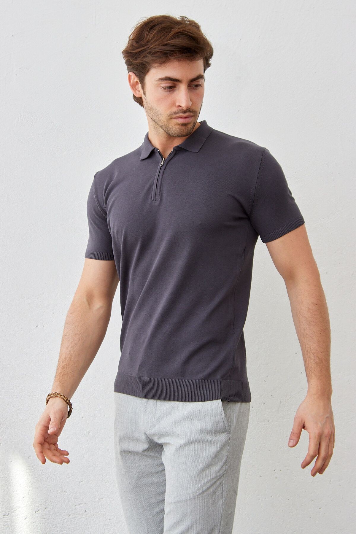 Erkek Modern Slim Fit Fermuarlı Polo Yaka T-Shirt