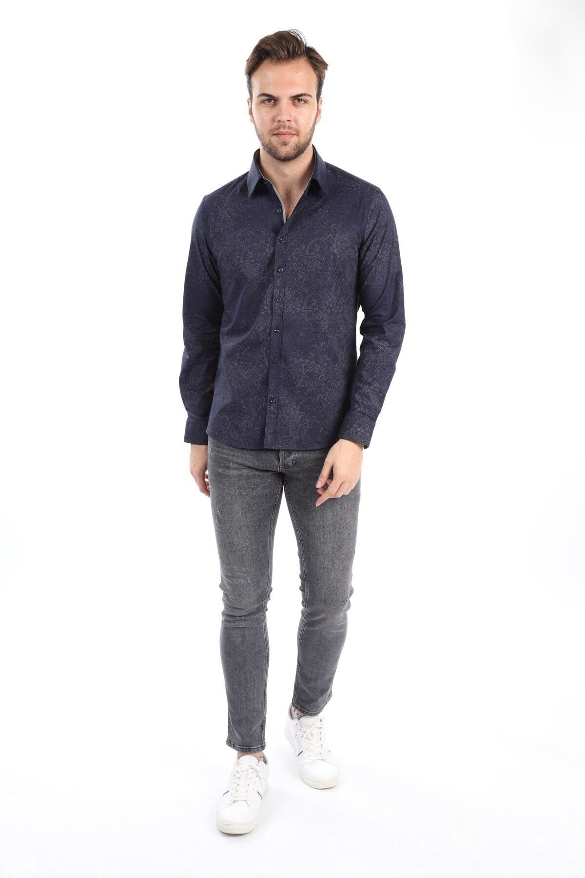 Baskılı Lacivert Slim Fit Gömlek
