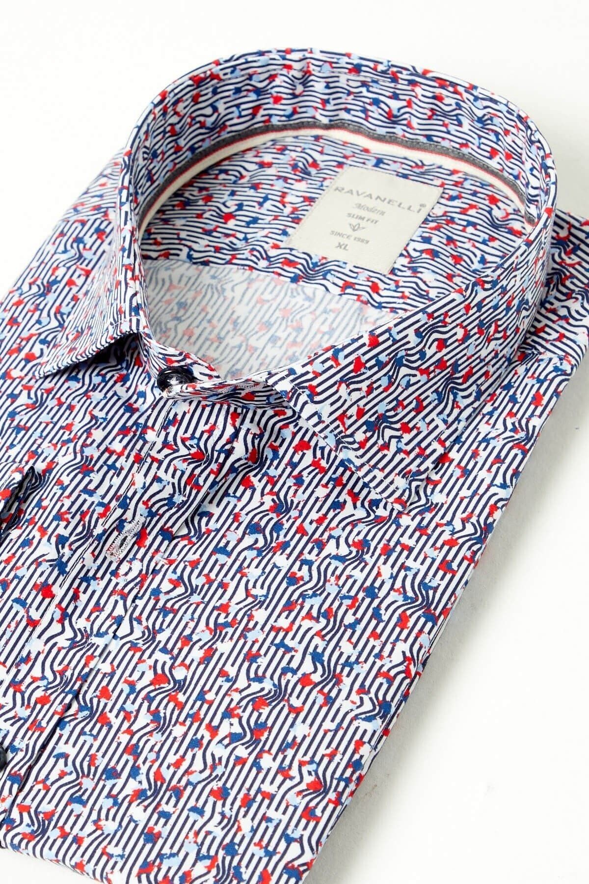 %100 Pamuk Çizgi Baskılı Slim Fit Uzun Kol Gömlek