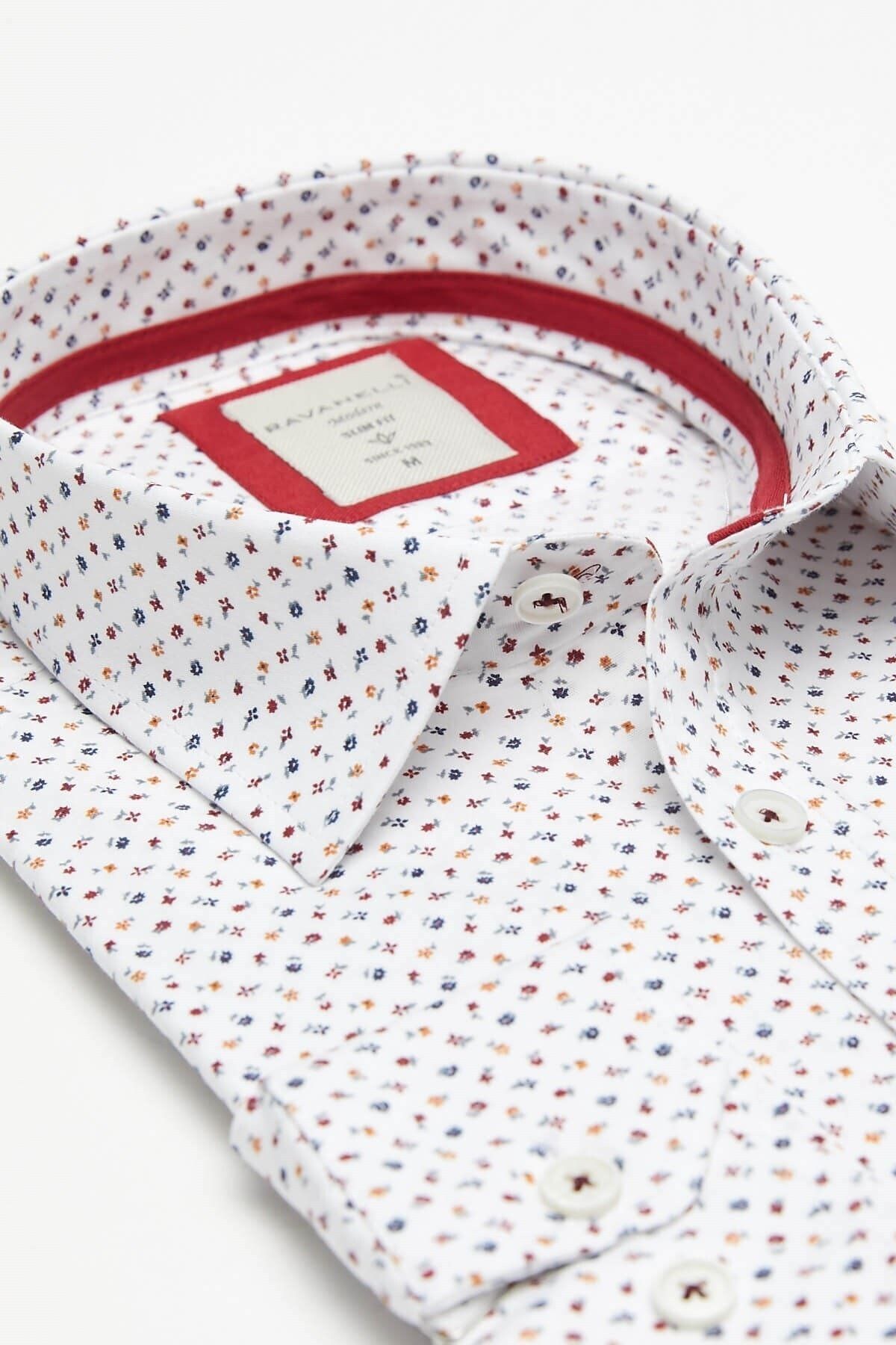 Bordo Baskılı Beyaz Slim Fit Uzun Kol Gömlek