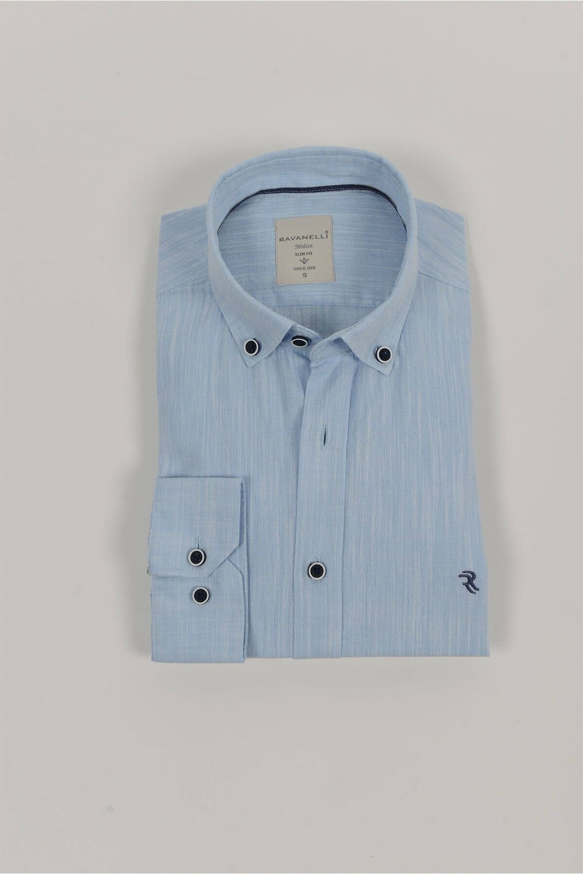 Keten Mavi Slim Fit Uzun Kol Gömlek