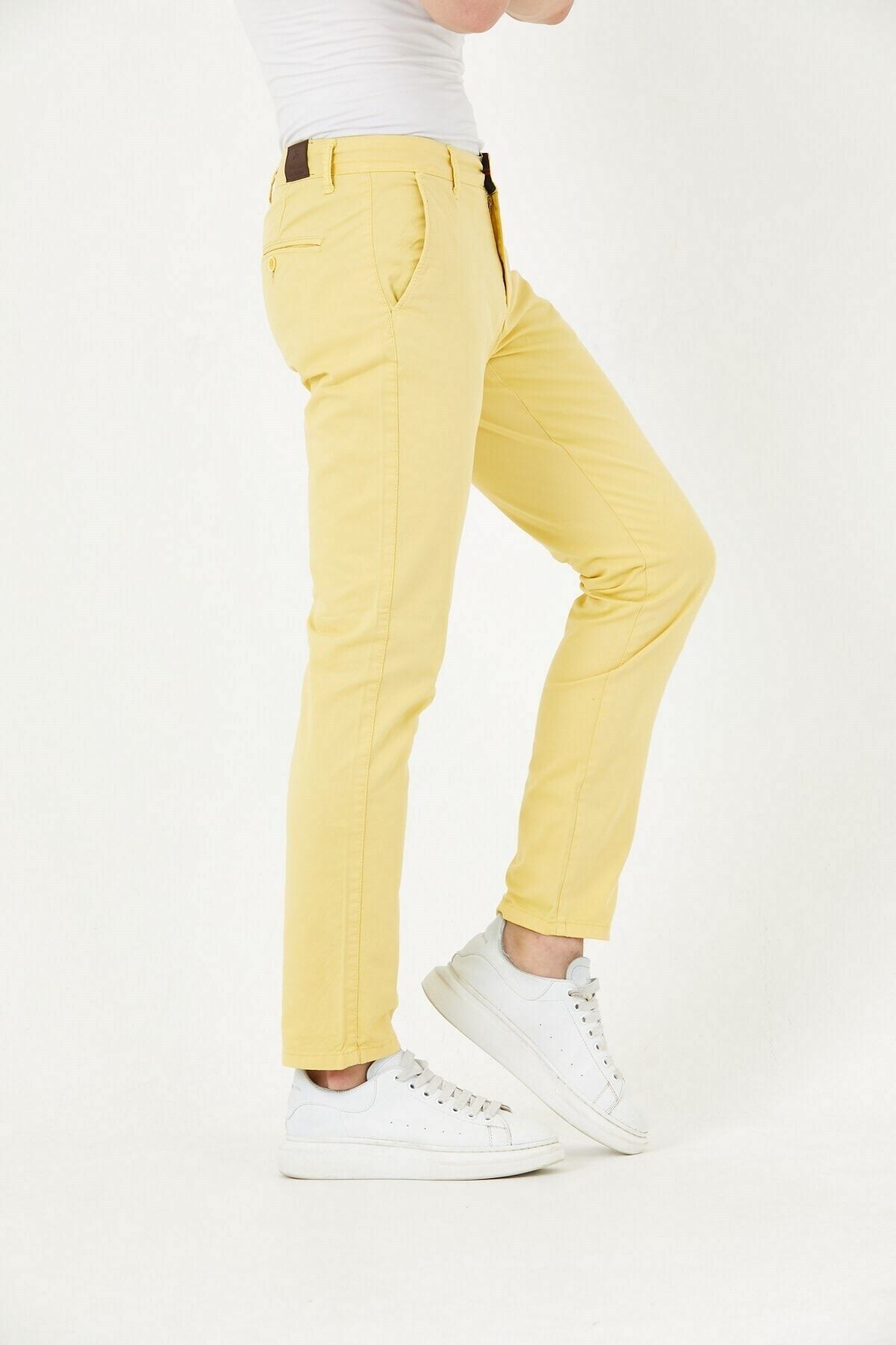 Sarı Gabardin Chıno Yan Cepli Keten Regular Fit Pantolon