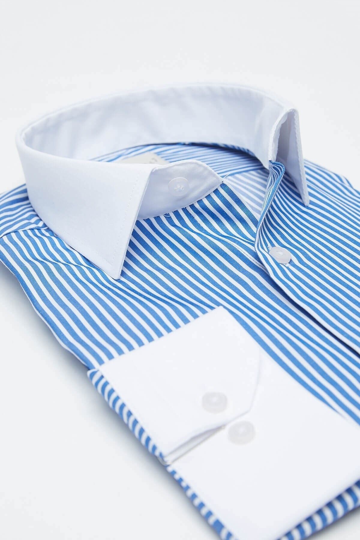 Beyaz Yakalı Çizgili Slim Fit Uzun Kol Gömlek