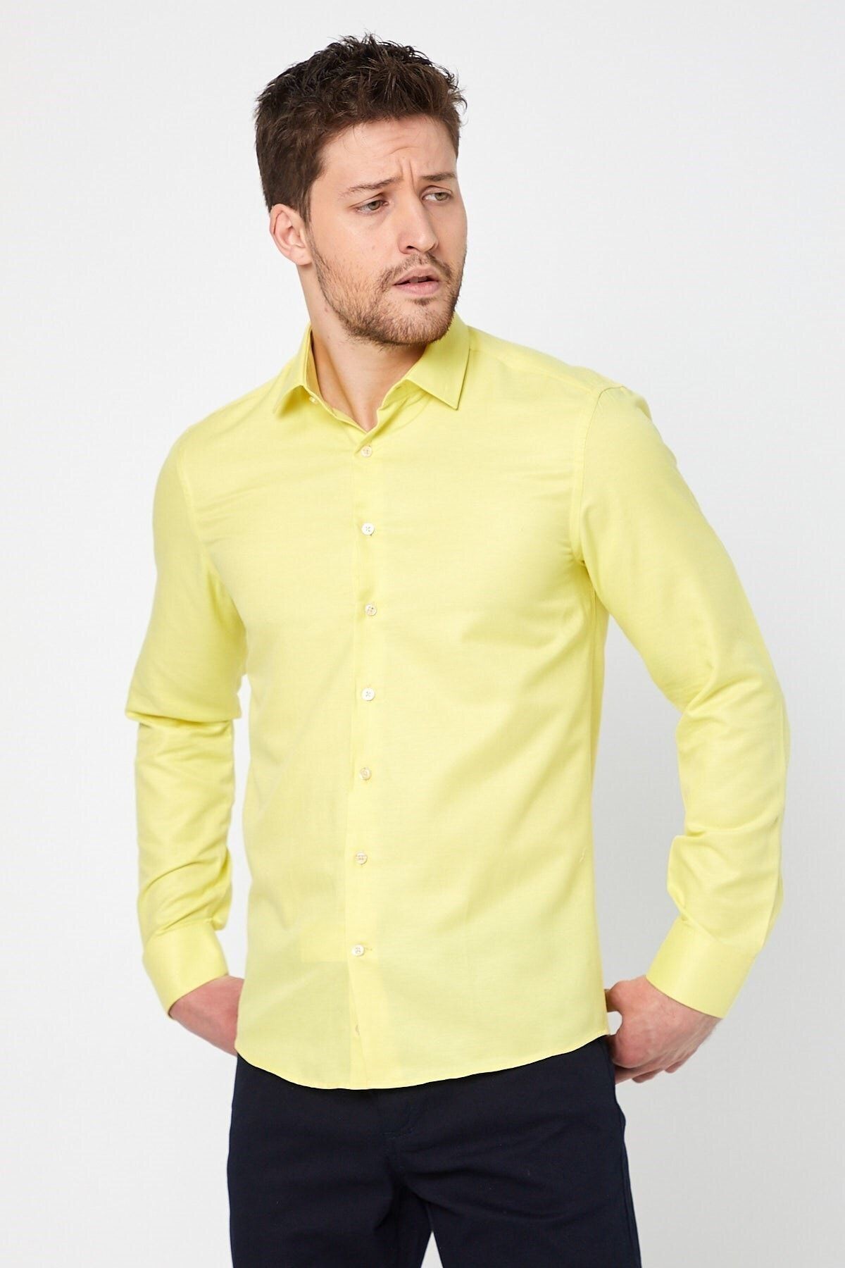 Sarı Slim Fit Uzun Kol Gömlek