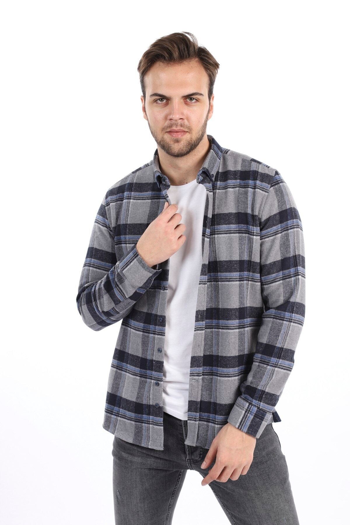 Erkek Gri Slim Fit Oduncu Gömlek