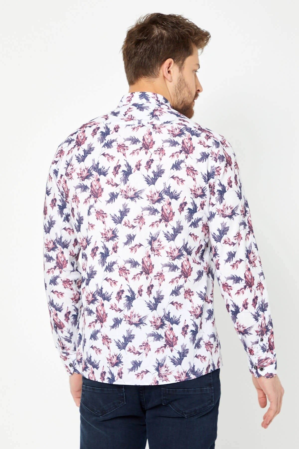 %100 Pamuk Keten Bordo Baskılı Slim Fit Uzun Kol Keten Gömlek