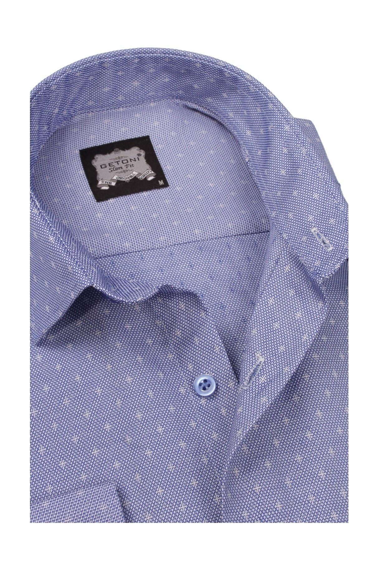 Erkek Mavi Slim Fit Armürlü Gömlek