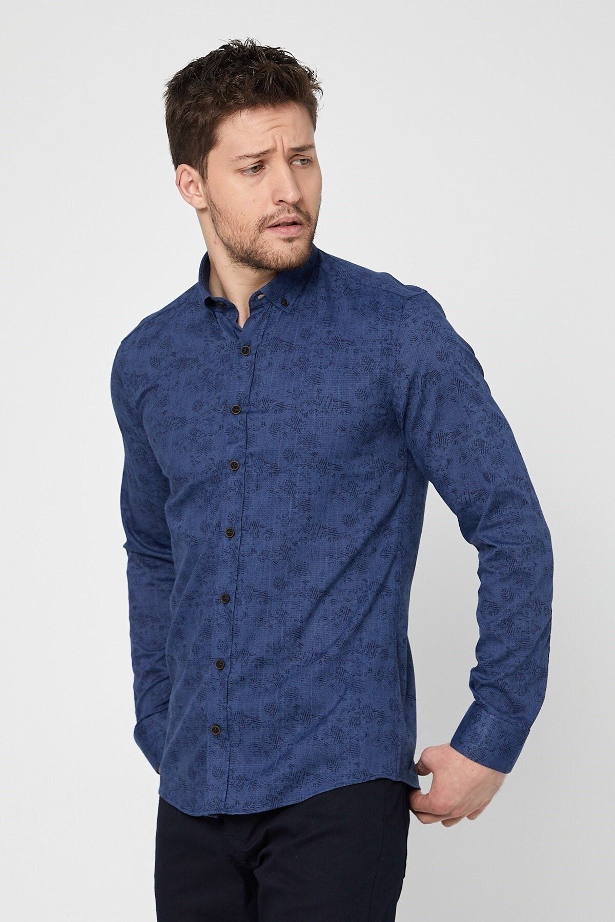 Pamuk Keten Baskılı Lacivert Slim Fit Uzun Kol Gömlek