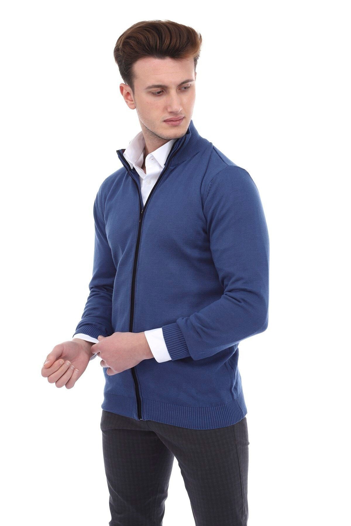 Mavi Slimfit Fermuarlı Hırka