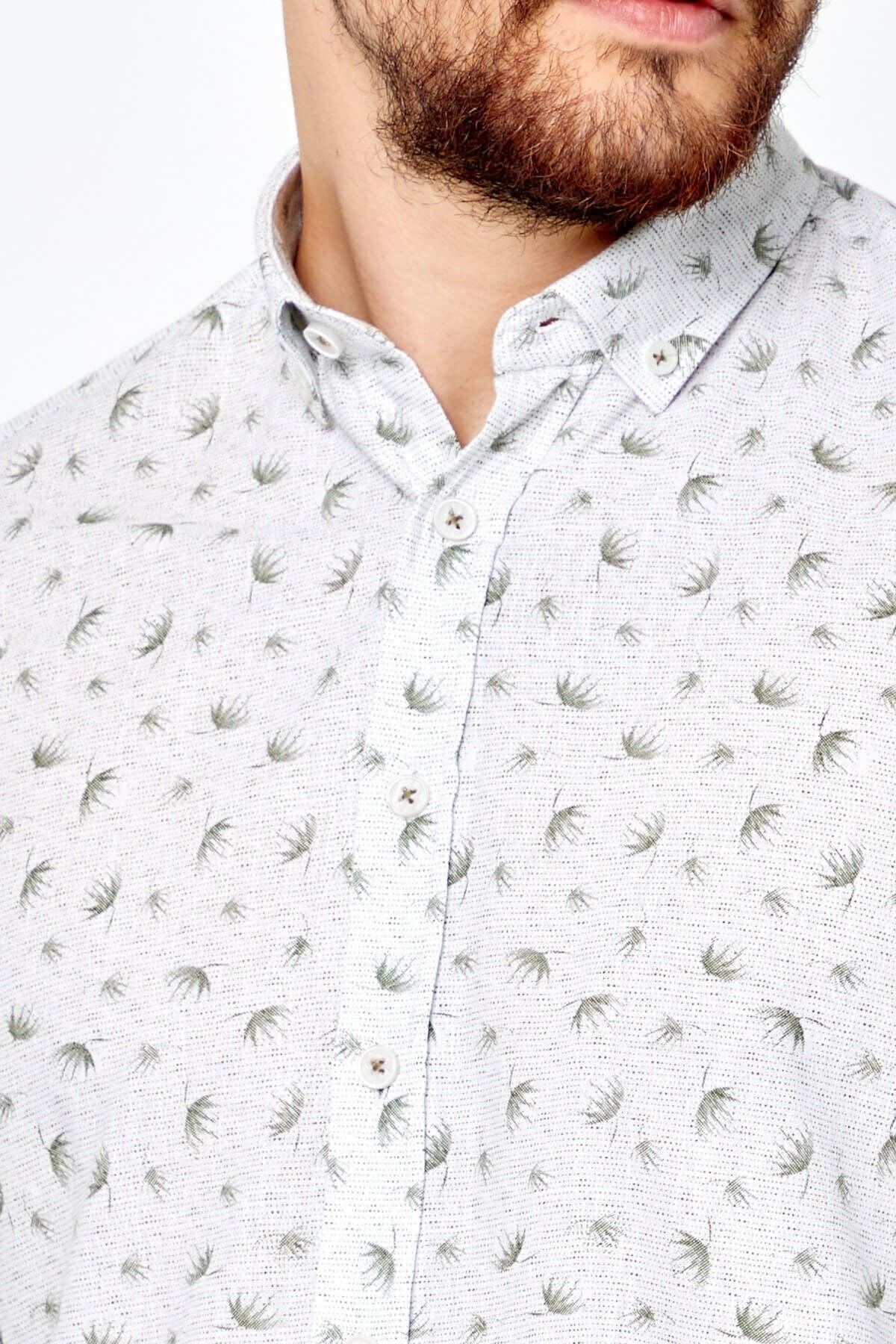 %100 Pamuk Keten Yeşil Baskılı Slim Fit Uzun Kol Keten Gömlek