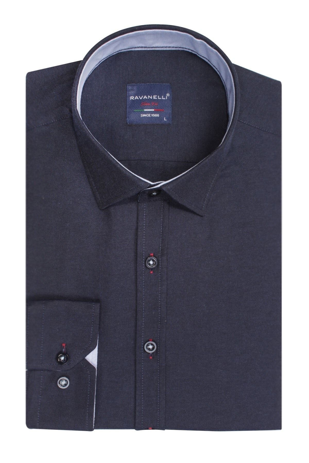 Erkek Lacivert Slim Fit Şambre Uzun Kol Gömlek