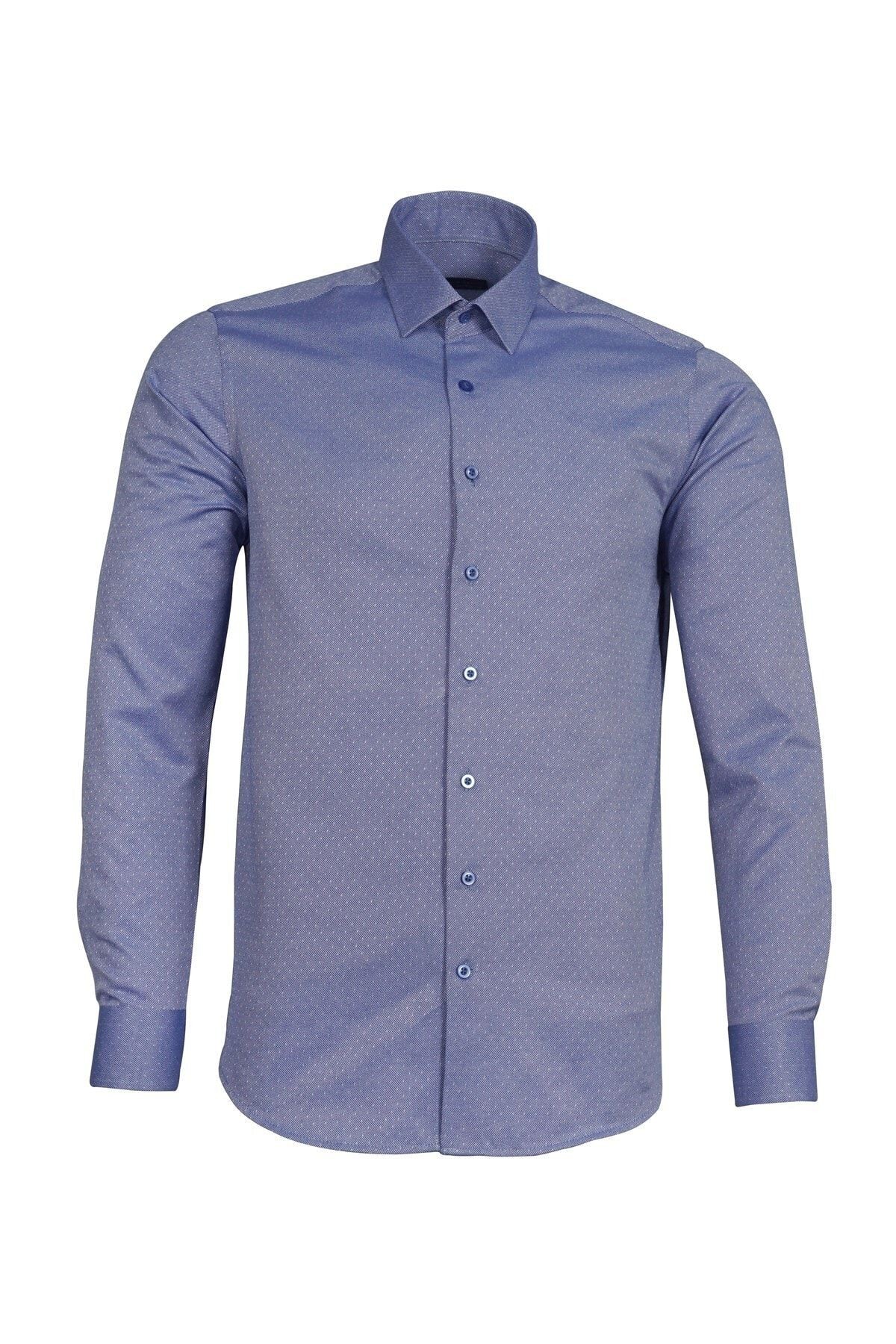 Erkek Mavi Slim Fit Armürlü Gömlek