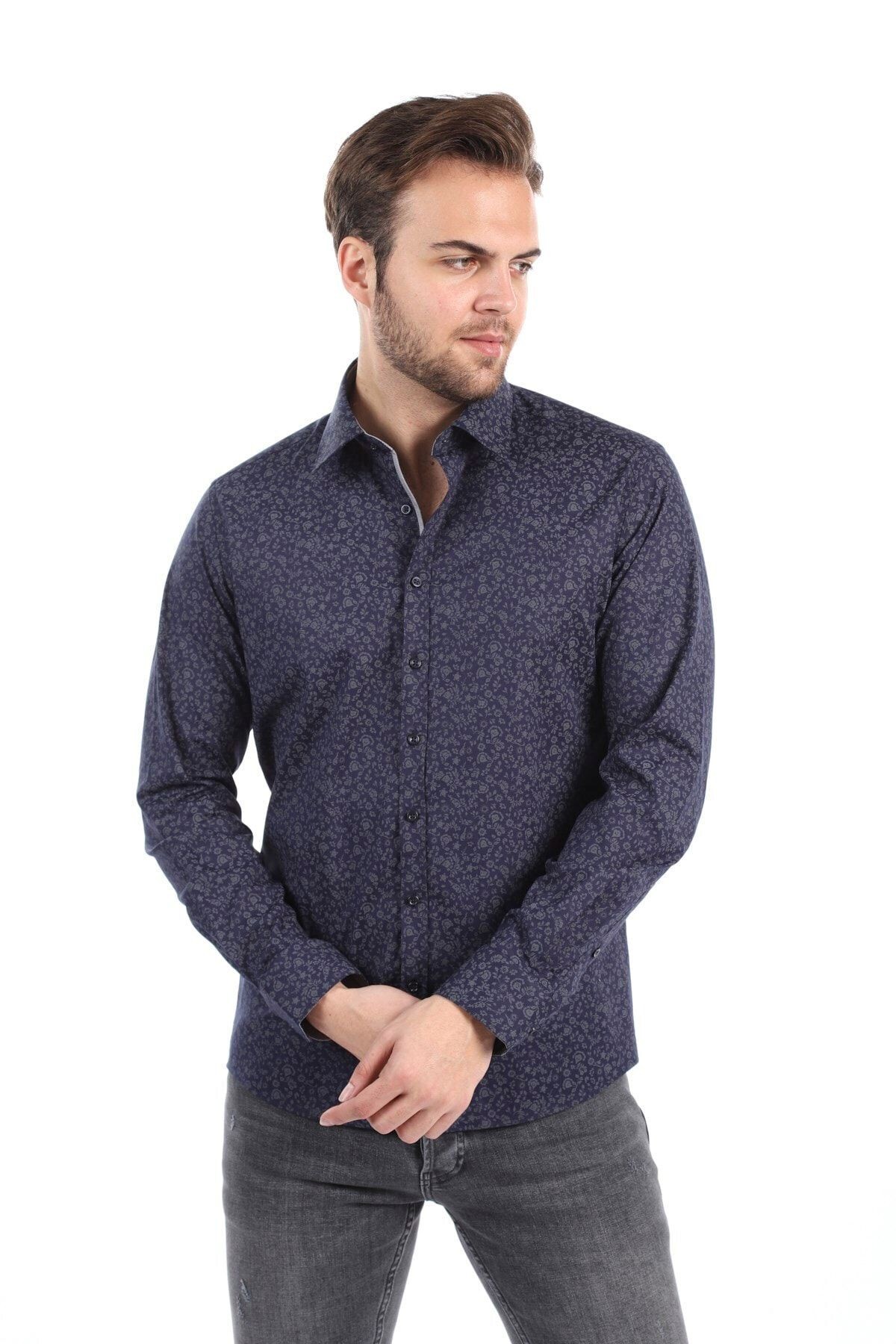 Baskılı Lacivert Slim Fit Gömlek