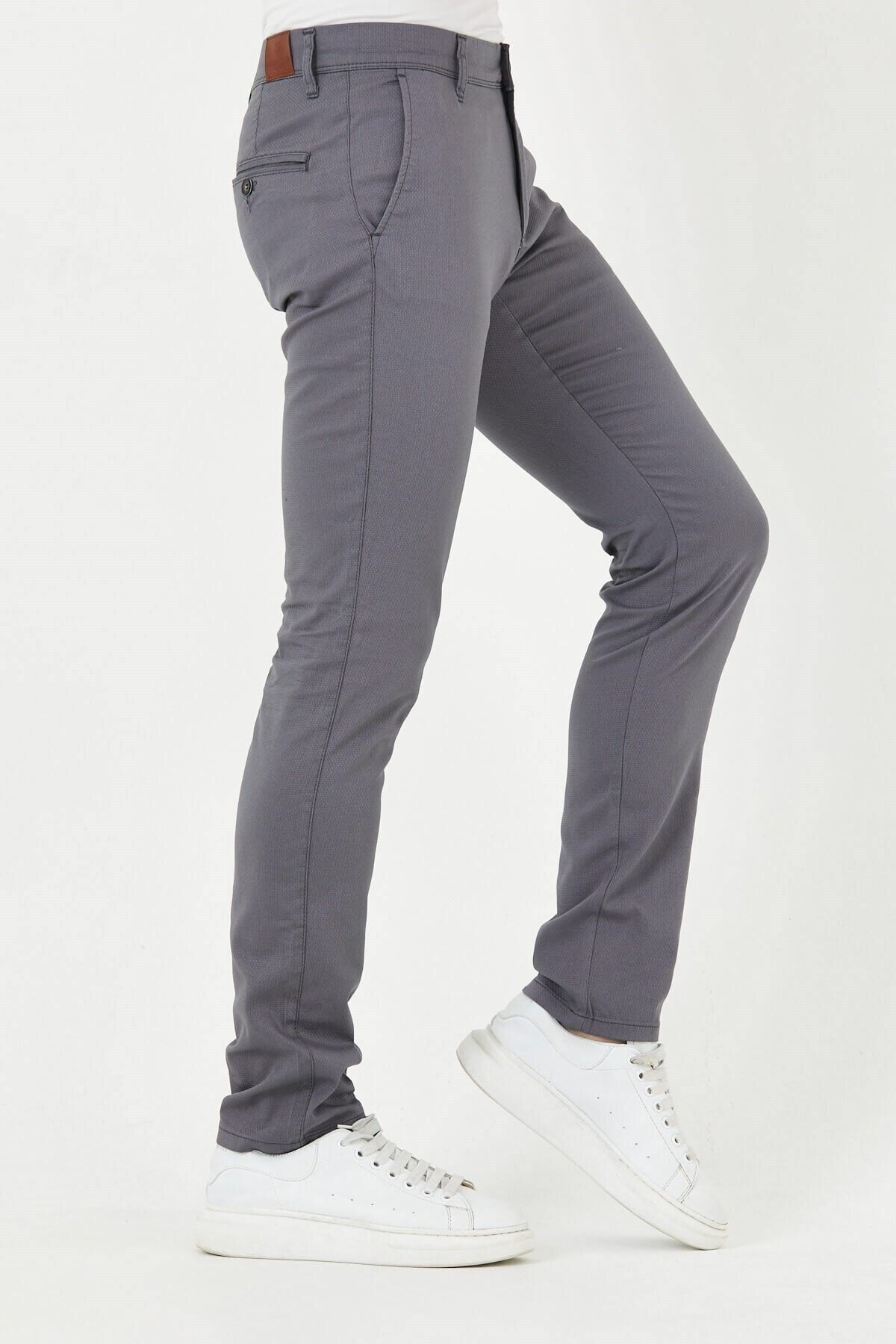 Gri Chıno Yan Cepli Mikro Desen Keten Regular Fit Pantolon