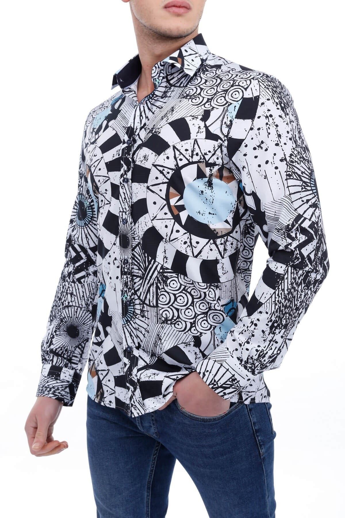 Siyah Beyaz Baskılı Slim Fit Gömlek
