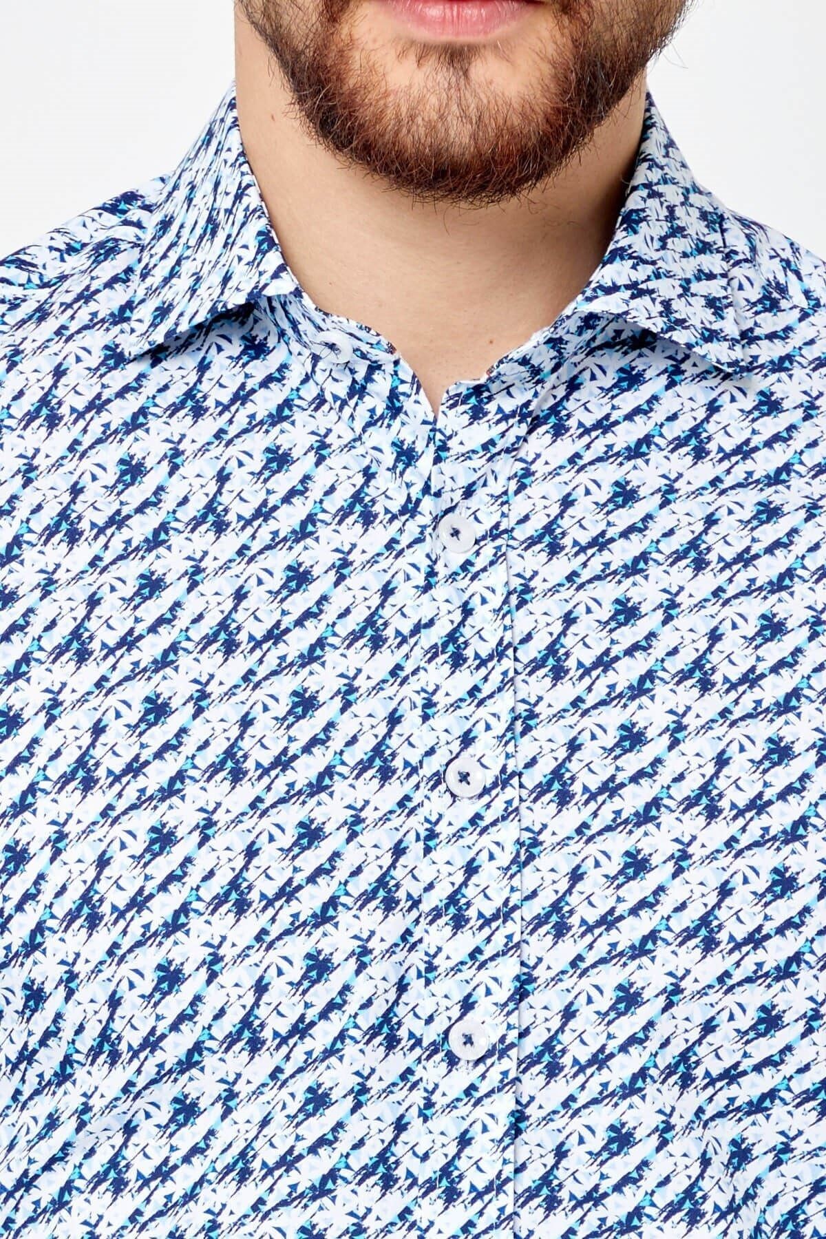 %100 Pamuk Lacivert Baskılı Slim Fit Uzun Kol Gömlek