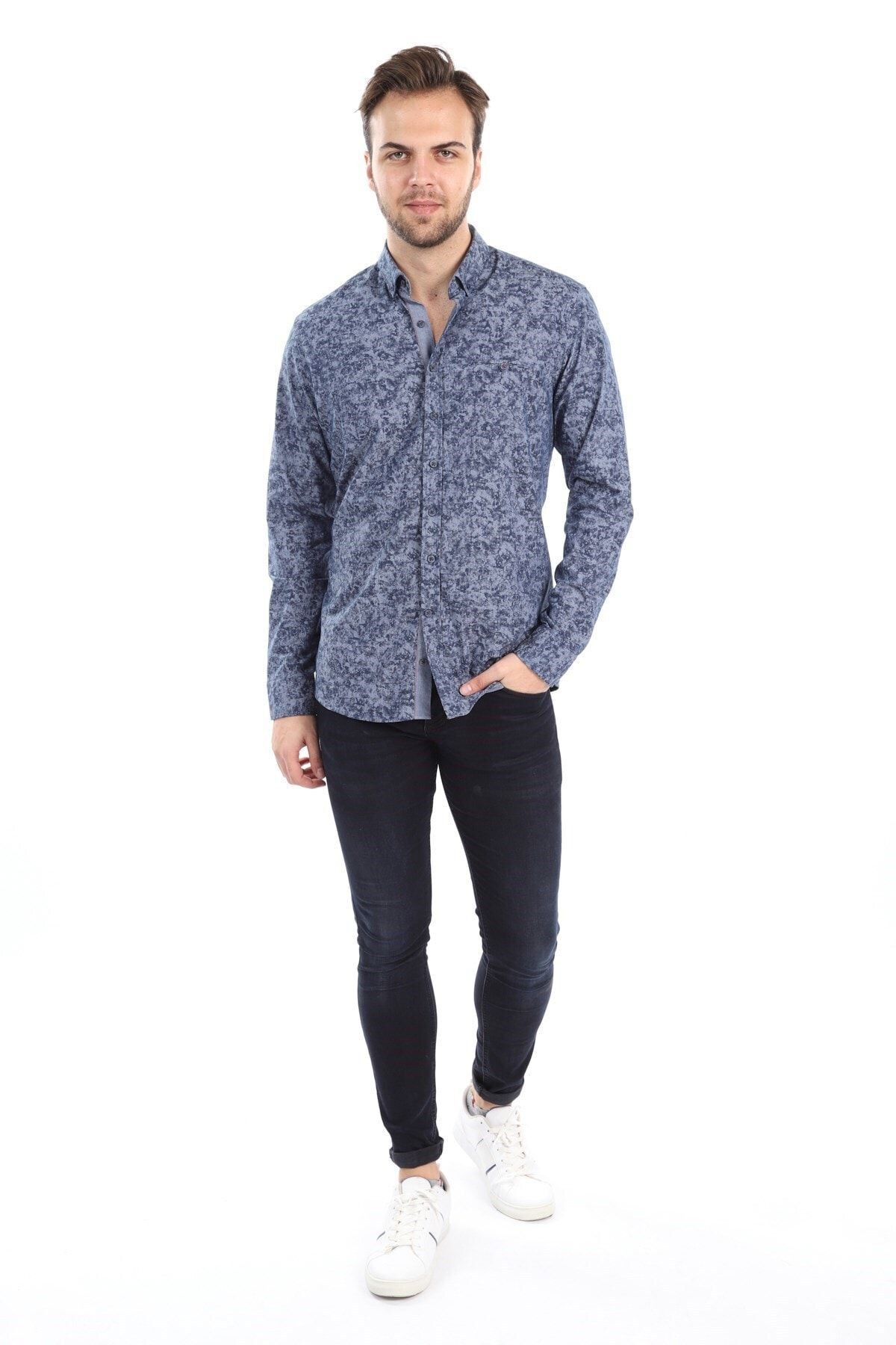 Baskılı Gri Slim Fit Gömlek