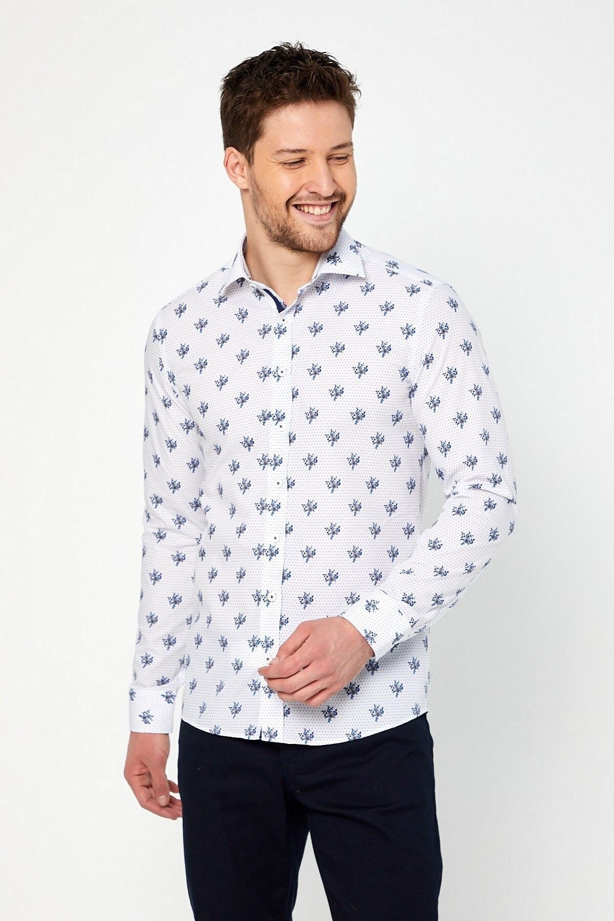 Kahverengi Çiçek Baskılı Slim Fit Uzun Kol Gömlek