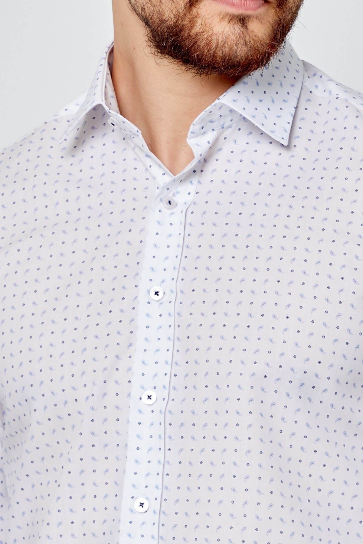 Mavi Baskılı Beyaz Slim Fit Uzun Kol Gömlek
