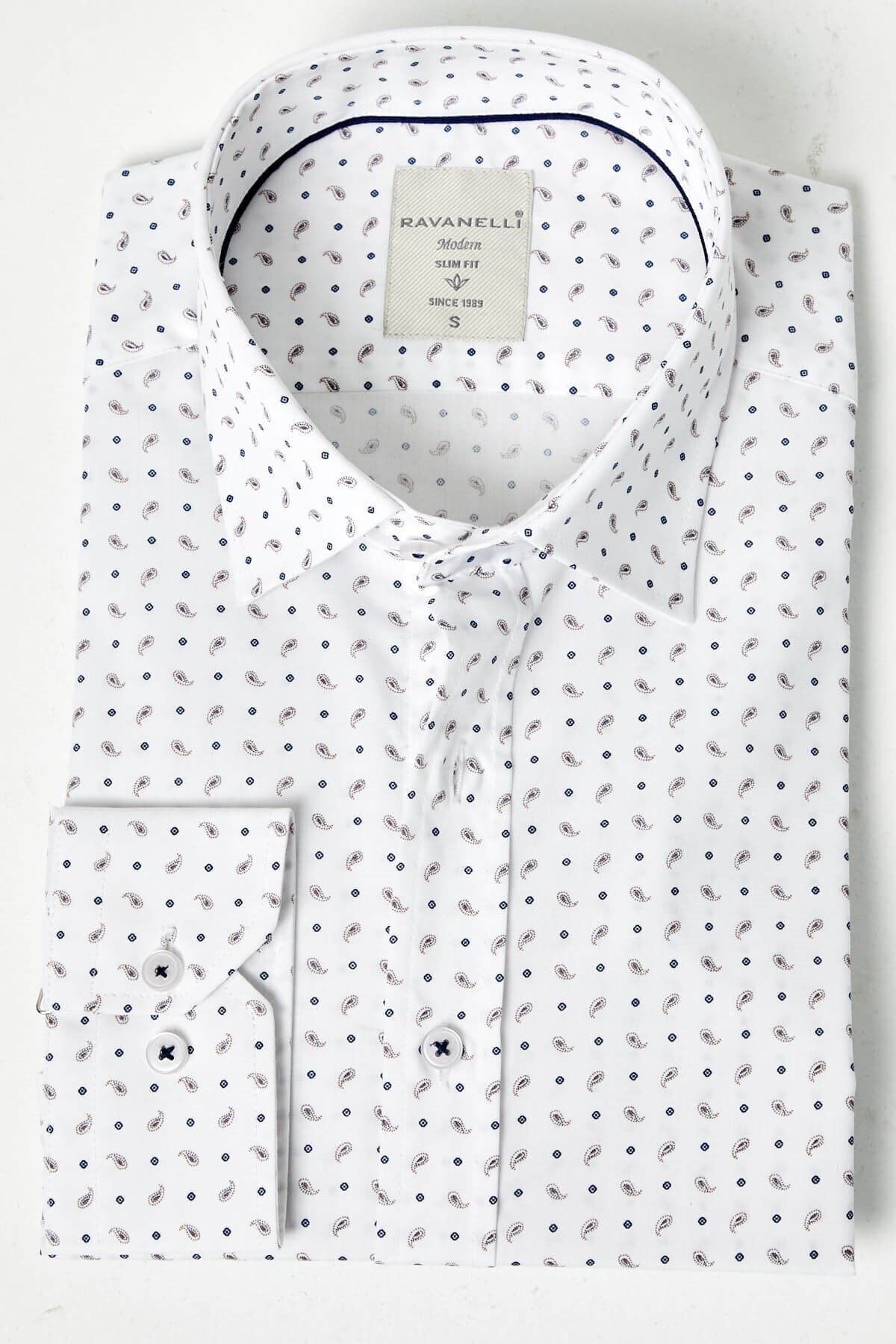 Baskılı Beyaz Slim Fit Uzun Kol Gömlek