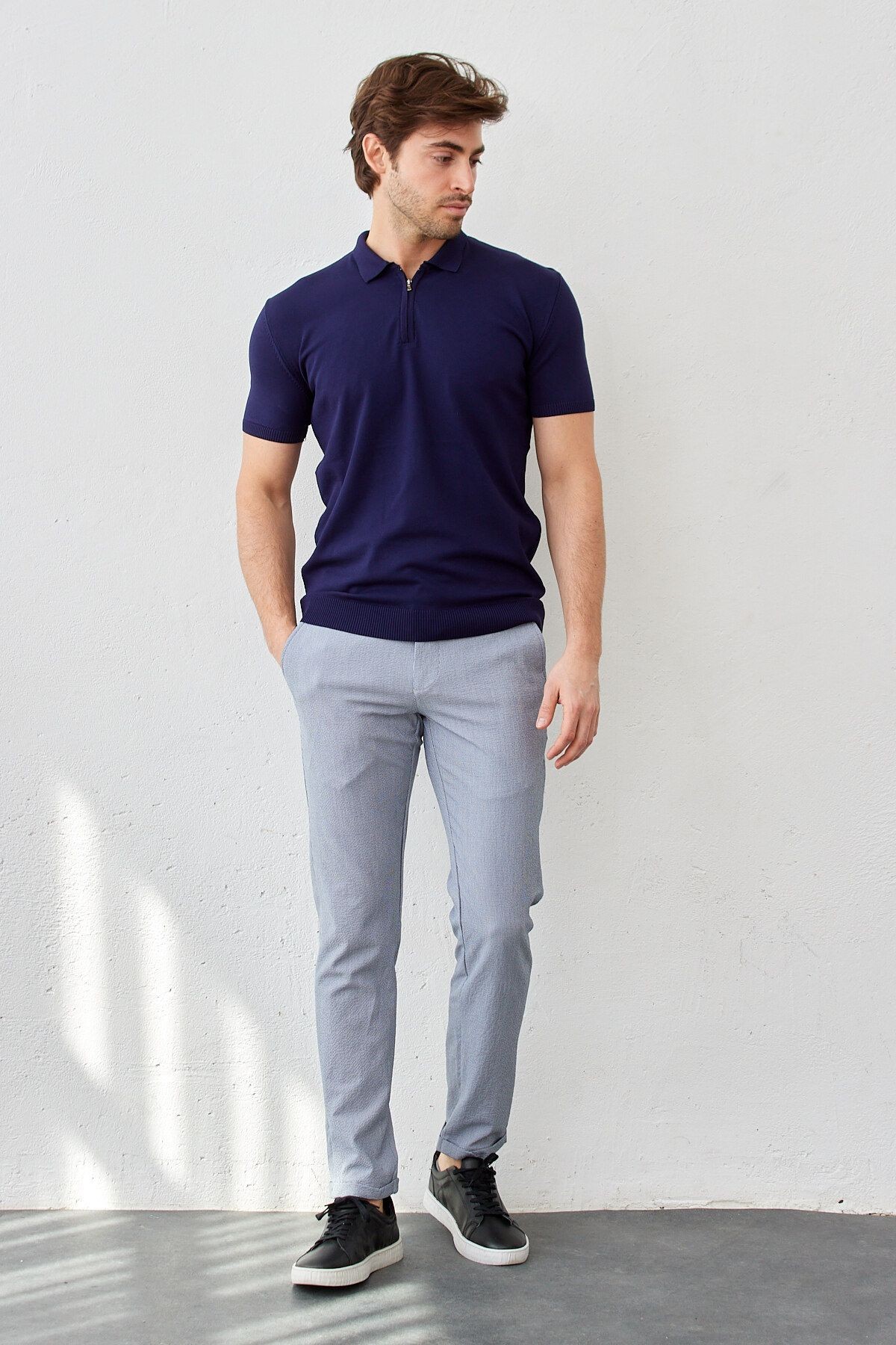 Erkek Beli Lastikli Bağcıklı İnce Çizgili Gofre Dokuma Likralı Esnek Modern Slim Fit Jogger Pantolon