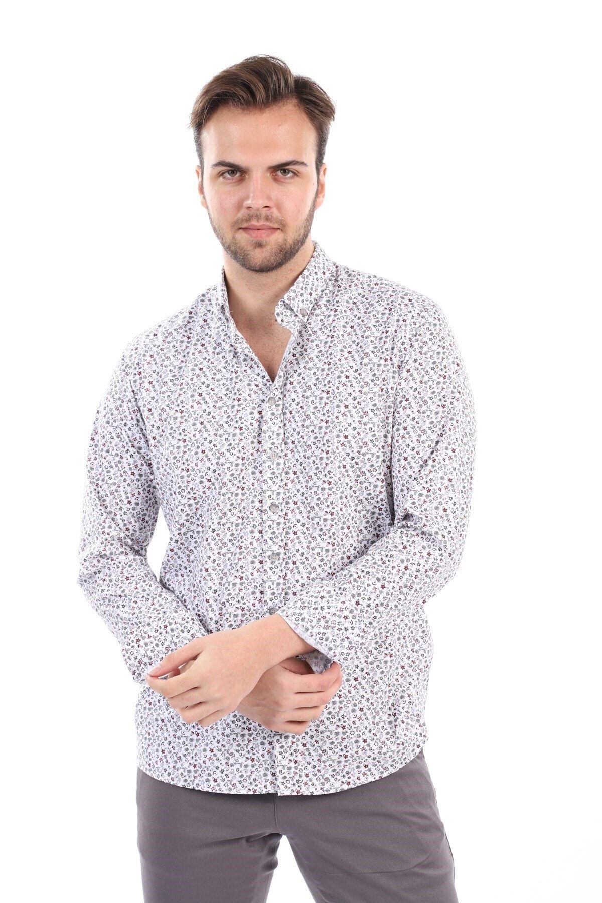 Baskılı Beyaz Slim Fit Likralı Gömlek