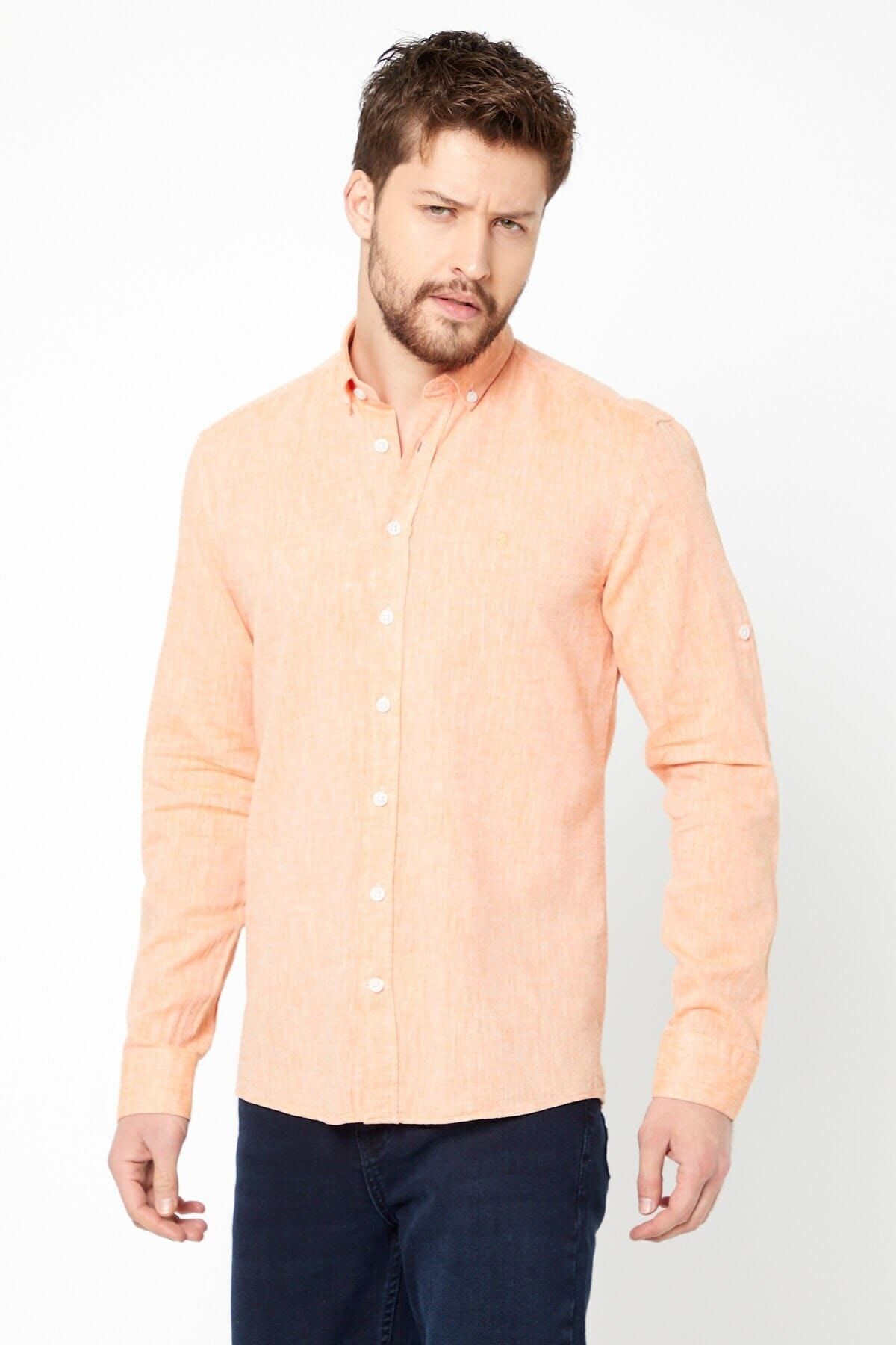 Turuncu Slim Fit Uzun Kol Keten Gömlek
