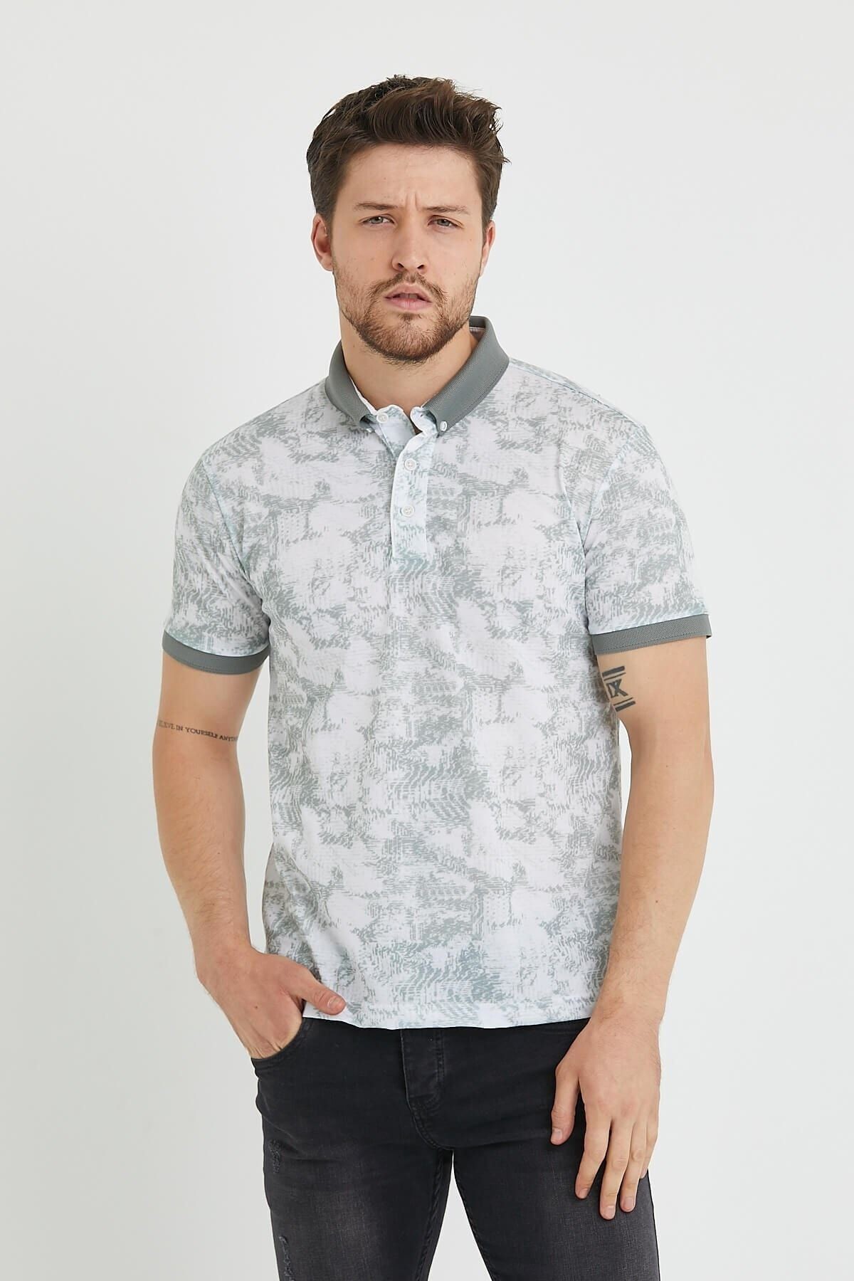 Polo Yaka Düğmeli Baskılı Gri Slim Fit Tişört