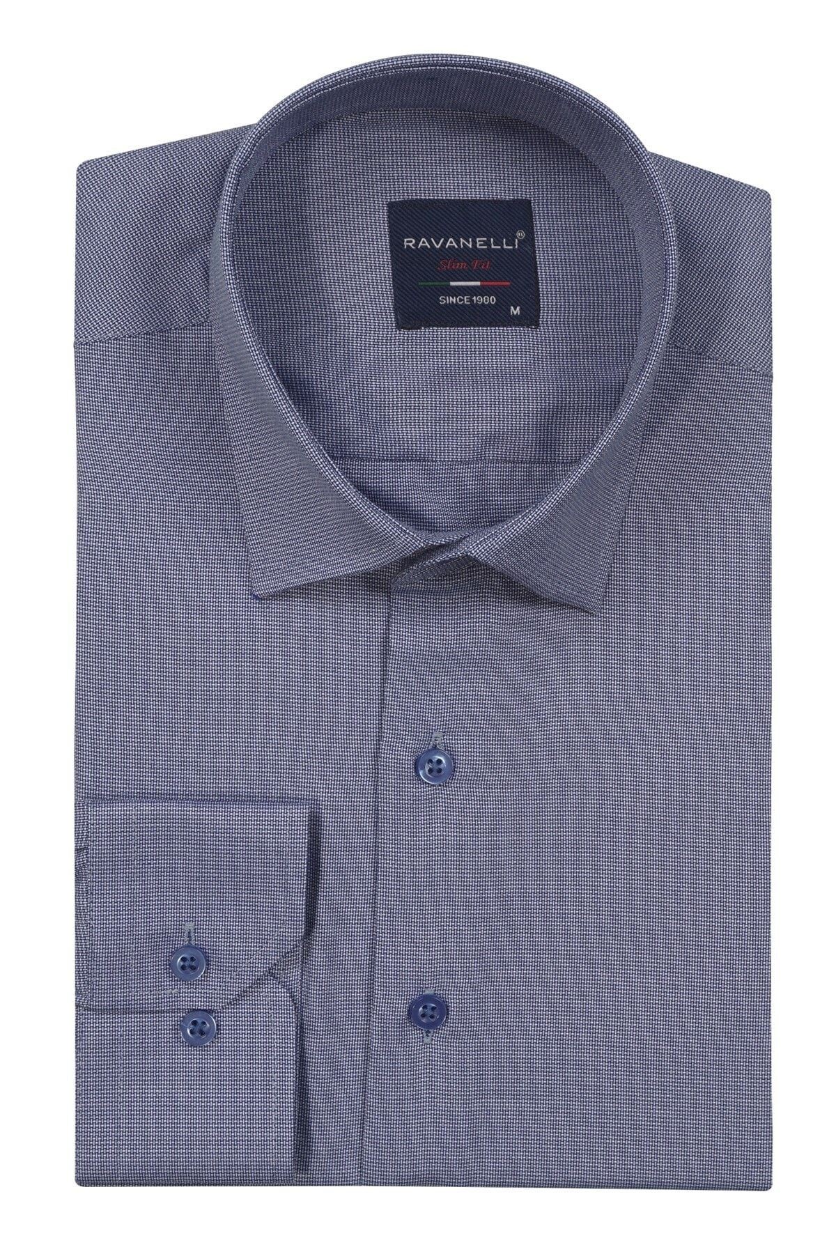 Erkek  Mavi Slim Fit Armürlü Gömlek